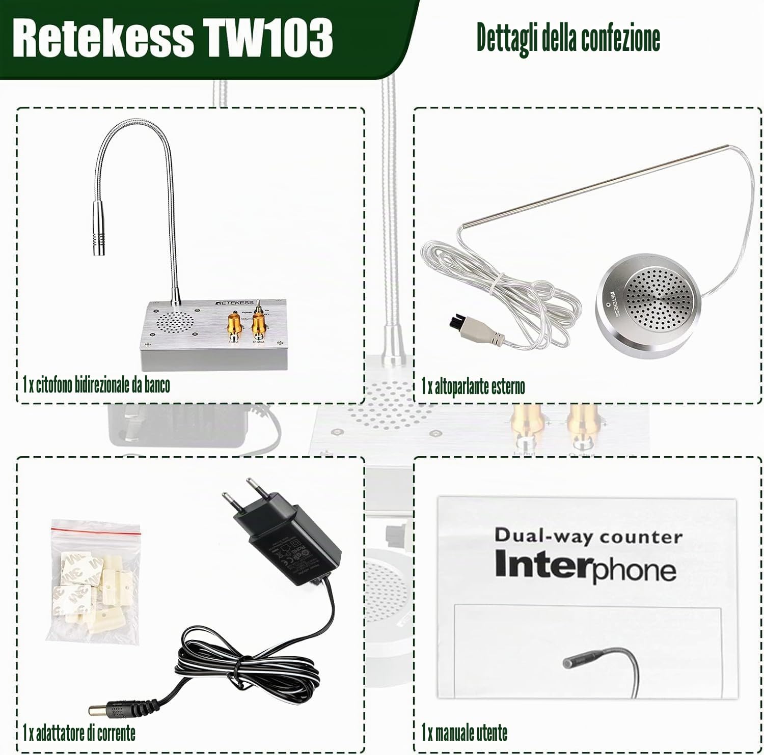 Retekess TW103 Sistema di Altoparlanti Finestre Sistema di Interfono Bancario 2W Microfono per Finestre a Doppie Vie per Banca, Punti di Controllo dell'immigrazione, Ufficiale, Negozio