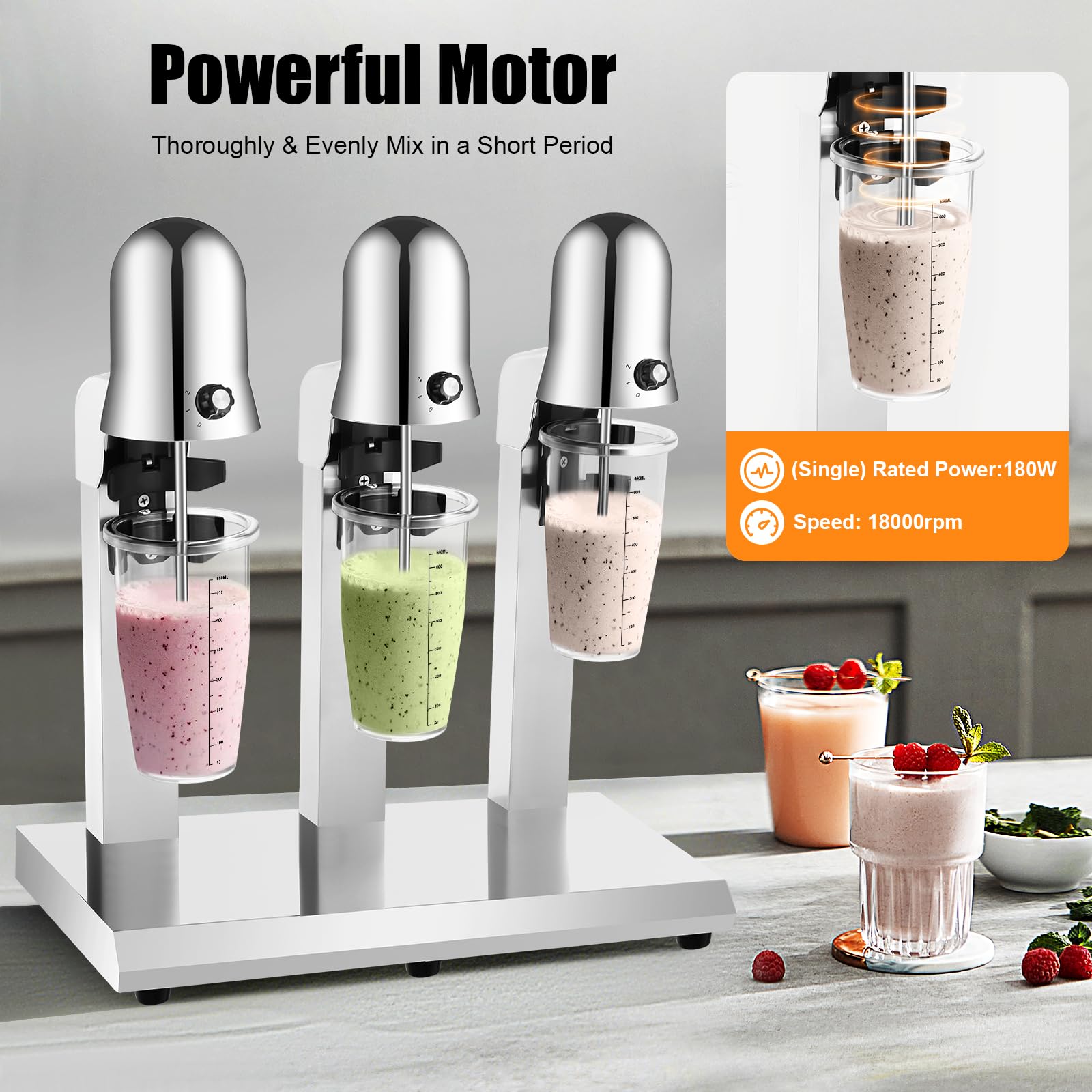 Milkshake Maker, 180W x 3 Electric Milk Shake Machine Commercial Stainless Steel Triple Heads Drink Mixer Adjustable Speed with 3 PC Cups + 3 Stainless Steel Cups for Commercial and Home