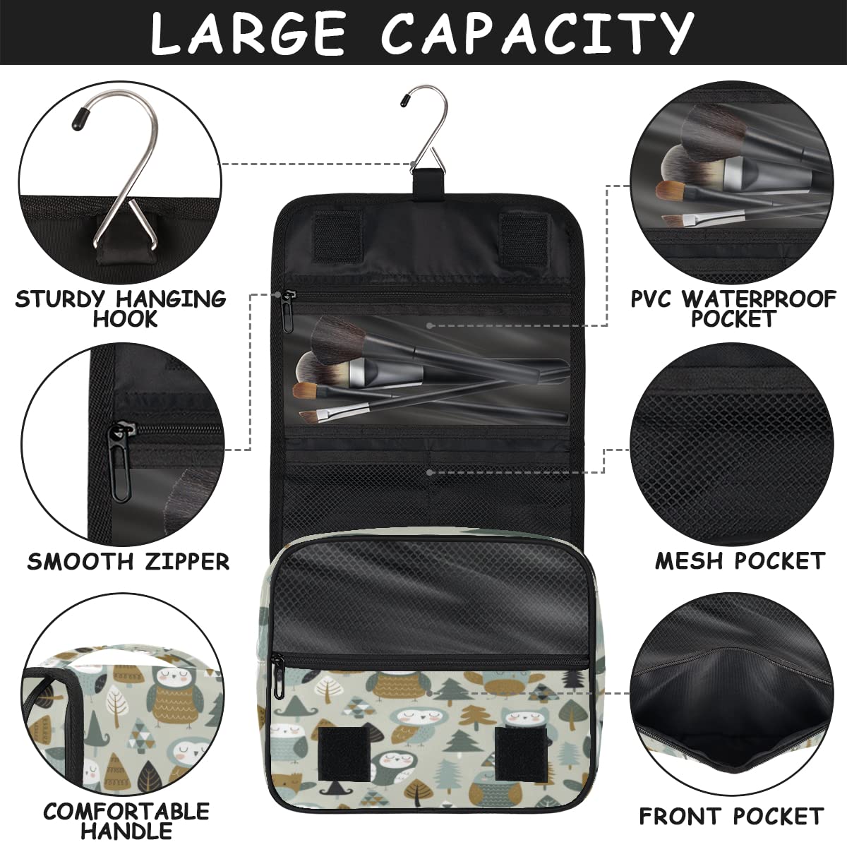 Sowa ptak podróżna kosmetyczka kreskówka sowa torba do mycia torba unisex wiszące przybory toaletowe kosmetyczne organizer do makijażu, wielobarwny, Jeden rozmiar