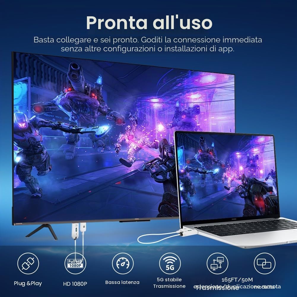 AXFEE HDMI Wireless Trasmettitore e Ricevitore, Full HD 1080P Wireless Extender, Prolunga hdmi-wire less 165FT/50M, 2,4 G e 5G Streaming Video/Audio/File da Laptop, PC a Monitor/TV/Proiettore | 1080P@60Hz, Plug & Play, Portata 50M, Adattatore HDMI Wireles