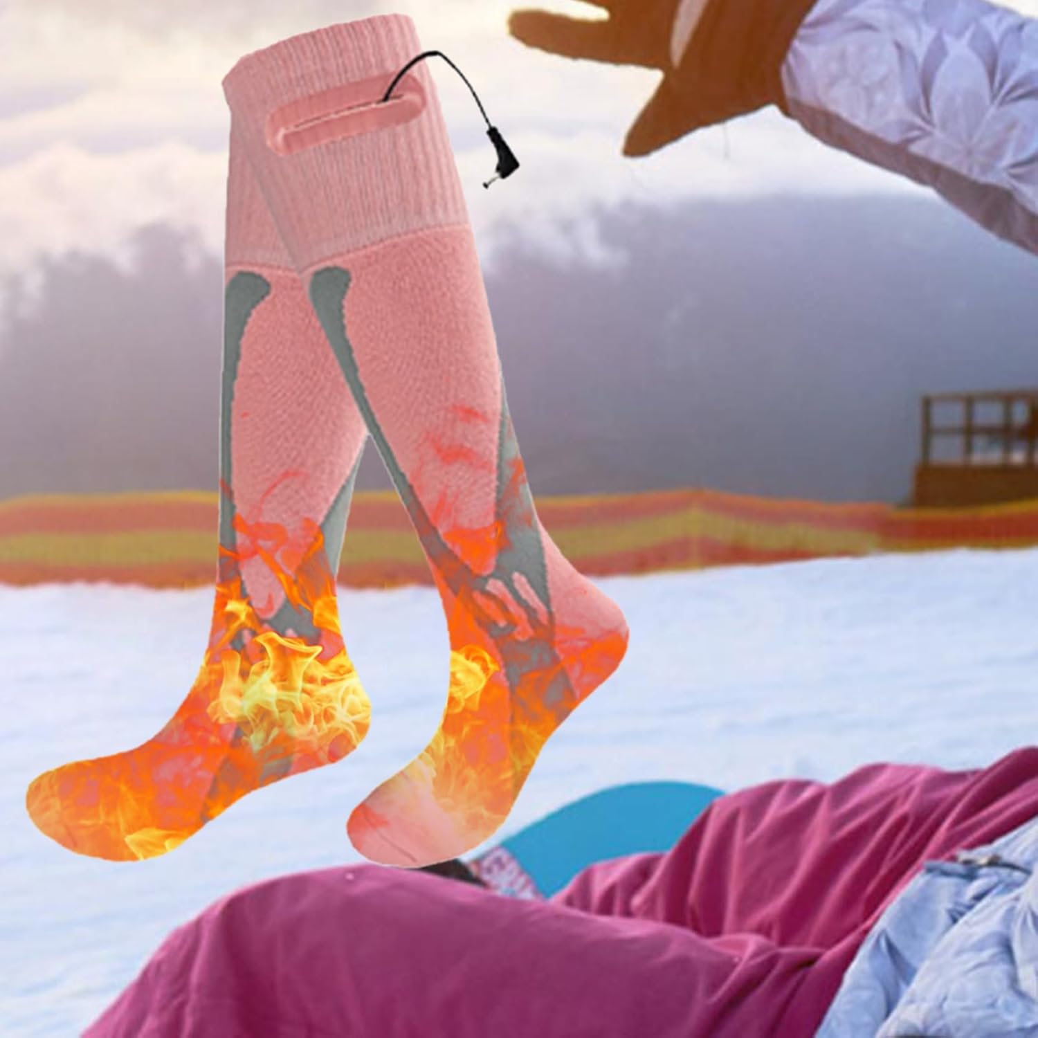 Diagram showing features of the electric heated socks for outdoor activities