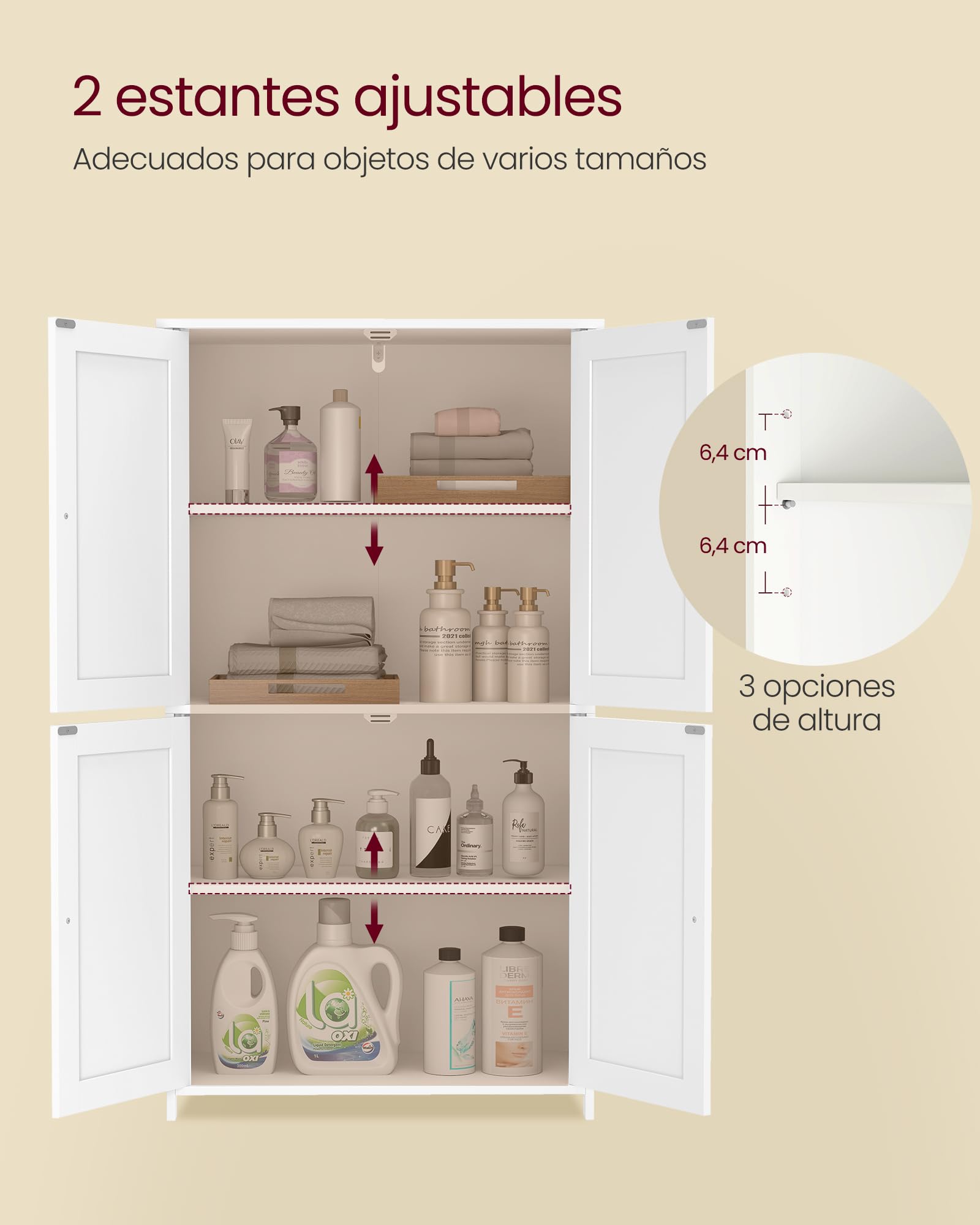 VASAGLE Mueble de Baño, Armario de Almacenaje, con 2 Estantes Regulables y 4 Puertas, Mueble Alto para Cocina, Blanco Nube BBC553WH01