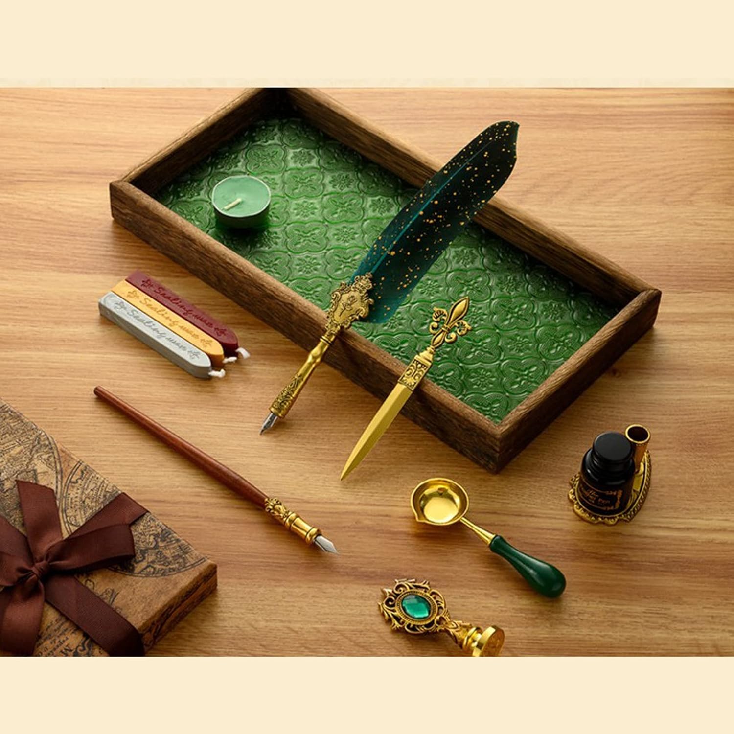 Joyeee Antique Quill Pen Set, with Quill Nibs, Glass Dipped Pen, Wooden Dip Pen, Fire Lacquer Wax Beads, Spoon, Seal Stamp, Pen Base, Cup & Ink Set, Best Gifts for Men & Dad #84