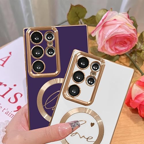 Miniatura 3 de Bonoma Funda ultra magnética para Samsung Galaxy S22 compatible con MagSafe, diseño de corazón brillante chapado de lujo, transparente, a prueba de