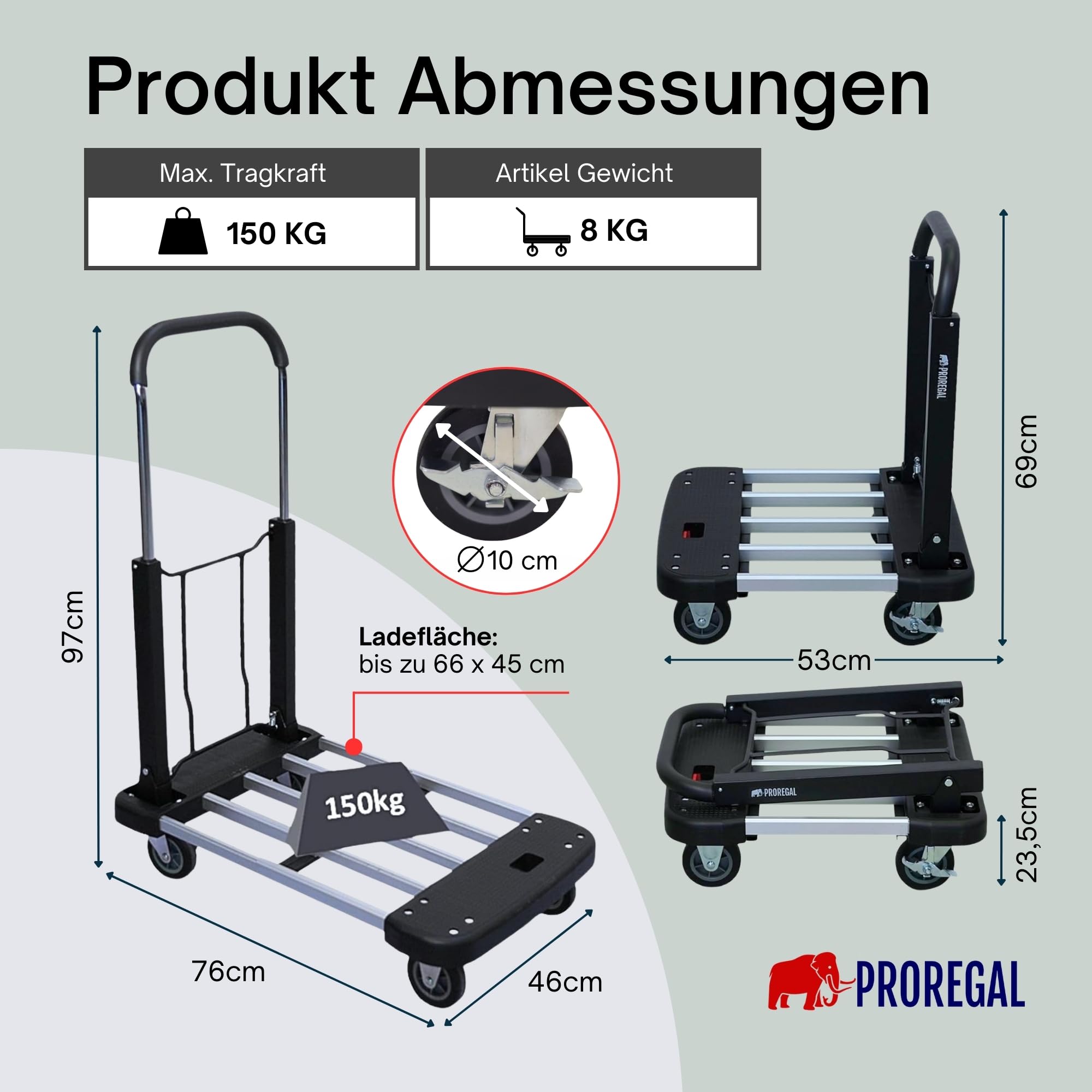 PROREGAL Klappbarer Profi-Transportwagen Taurus 150 | HxBxT 97x46x76cm | Traglast 150kg | Höhenverstellbarer Griff | Plattformwagen Transporthilfe Klappwagen Paketwagen Lagerwagen