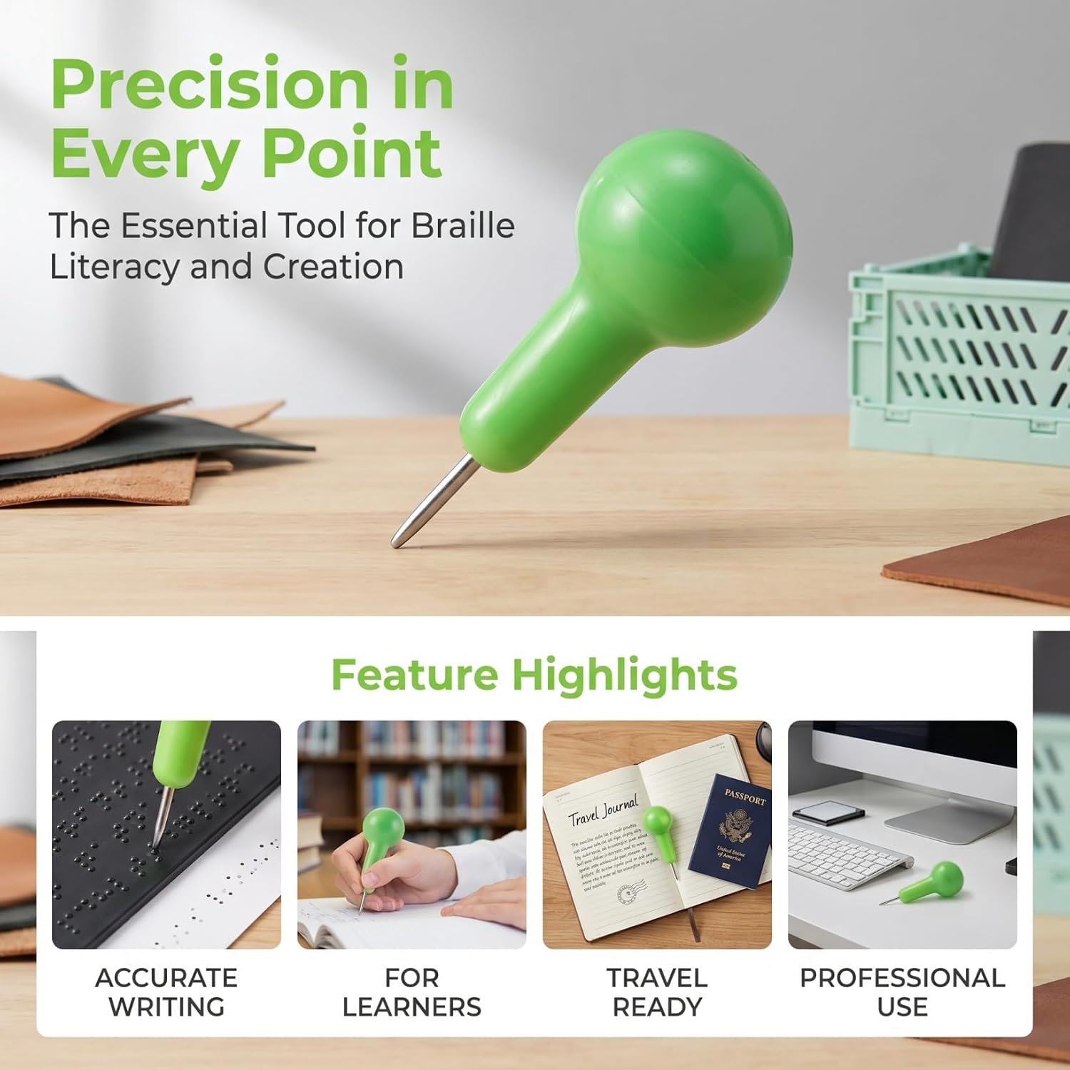 Mobestech Braille Pen Plastic Writing Tool Writer Pen Braille Stylus Tool for Learning and Daily Use Green 2.24 X 0.78 X 0.78 in 1 Pack