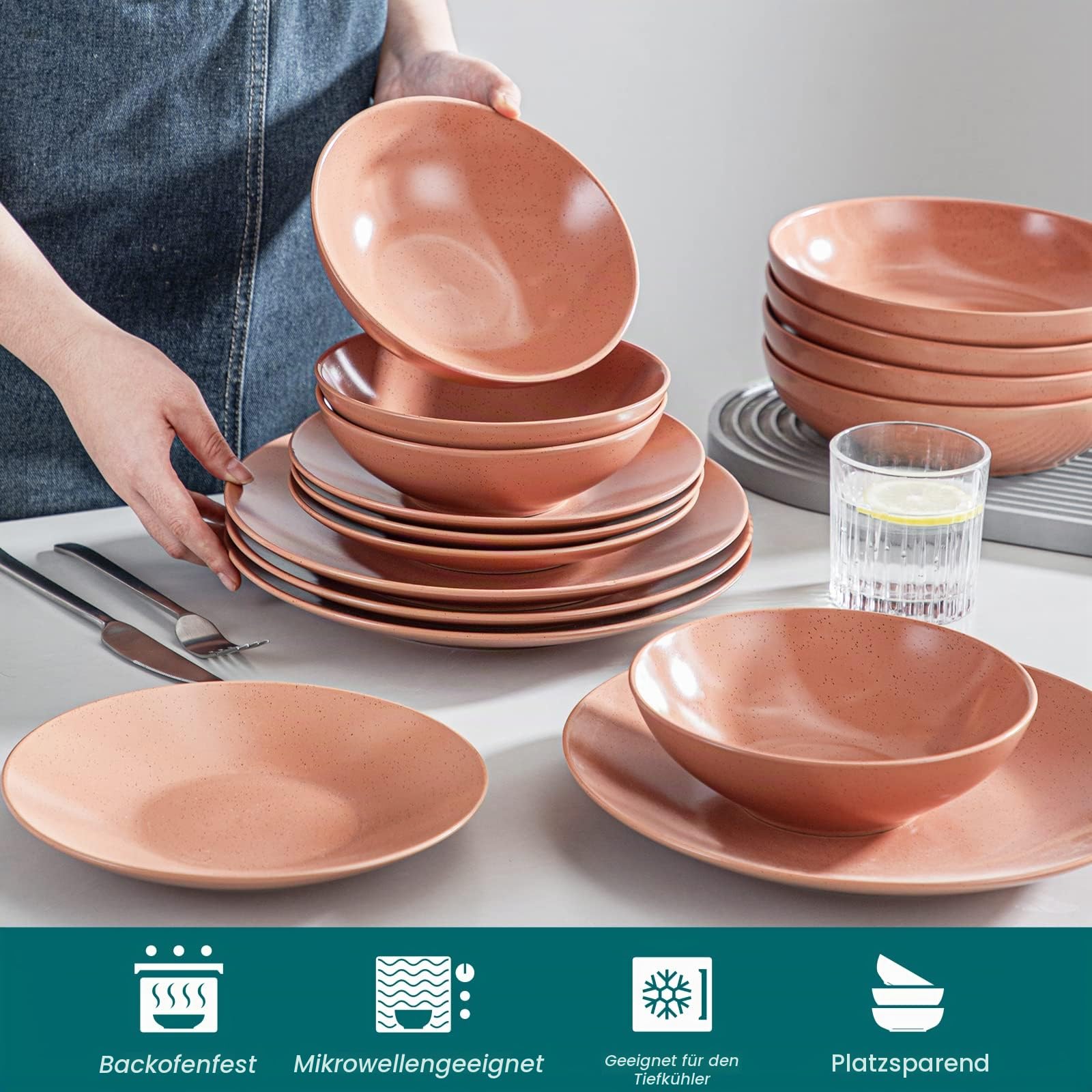 vancasso SABINE 16-teiliges steingut geschirr set, für 4-12 Personen, mit Speiseteller, Dessertteller, Pastateller & Suppenschüssel, Modernes Kombiservice mit Sesam-Muster, spülmaschinenfest