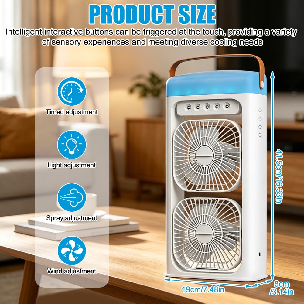4 in 1 Tragbare Klimaanlage Fan Mit Nebelspray,Doppelventilator 3-Stufig Einstellbar Klimaanlage Mobil Mit 1-4Timer-Funktion,Farbwechselndes Nachtlicht,T-C-Aufladung Luftkühler für Zuhause,Büro