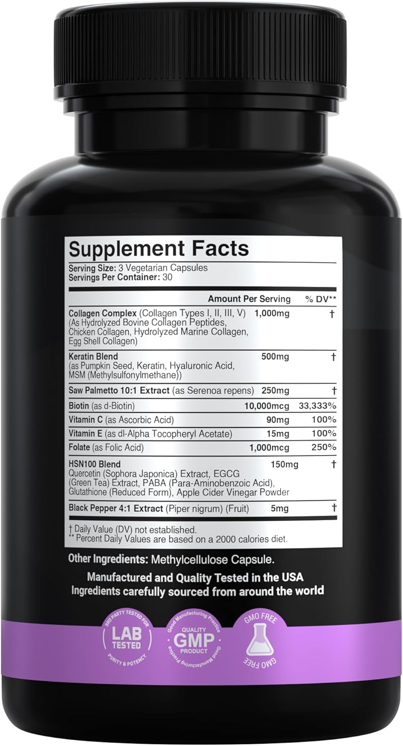 X Gold Health Collagen Complex, Types I, II, III, V, Biotin 10,000 mcg, Keratin, Hyaluronic Acid, Saw Palmetto, Vitamins C & E Advanced HSN Formula for Men & Women 90 Vegan Capsules