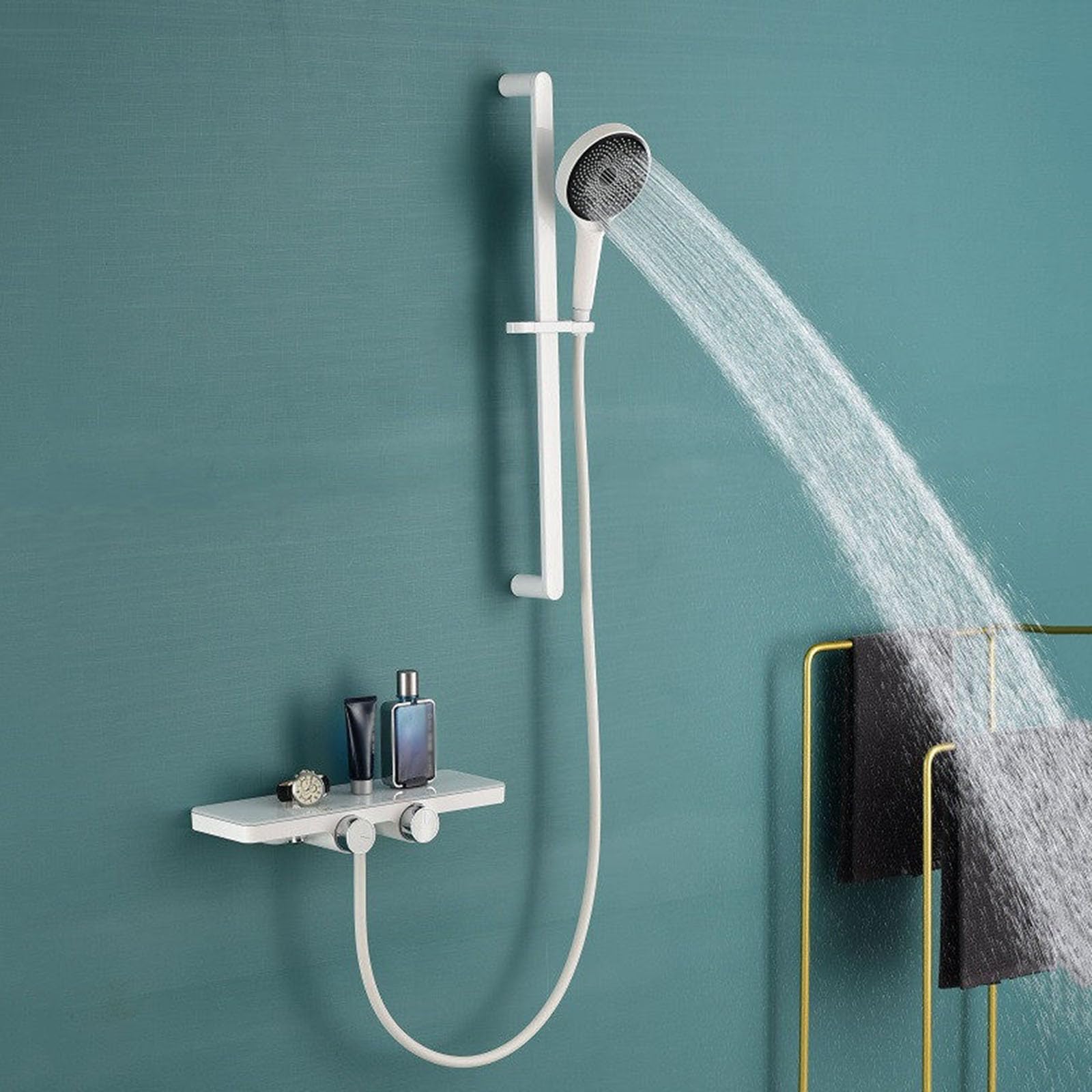 Mitigeur mural bain-douche blanc barre de douche et ensemble pommeau 3 jets de baignoire