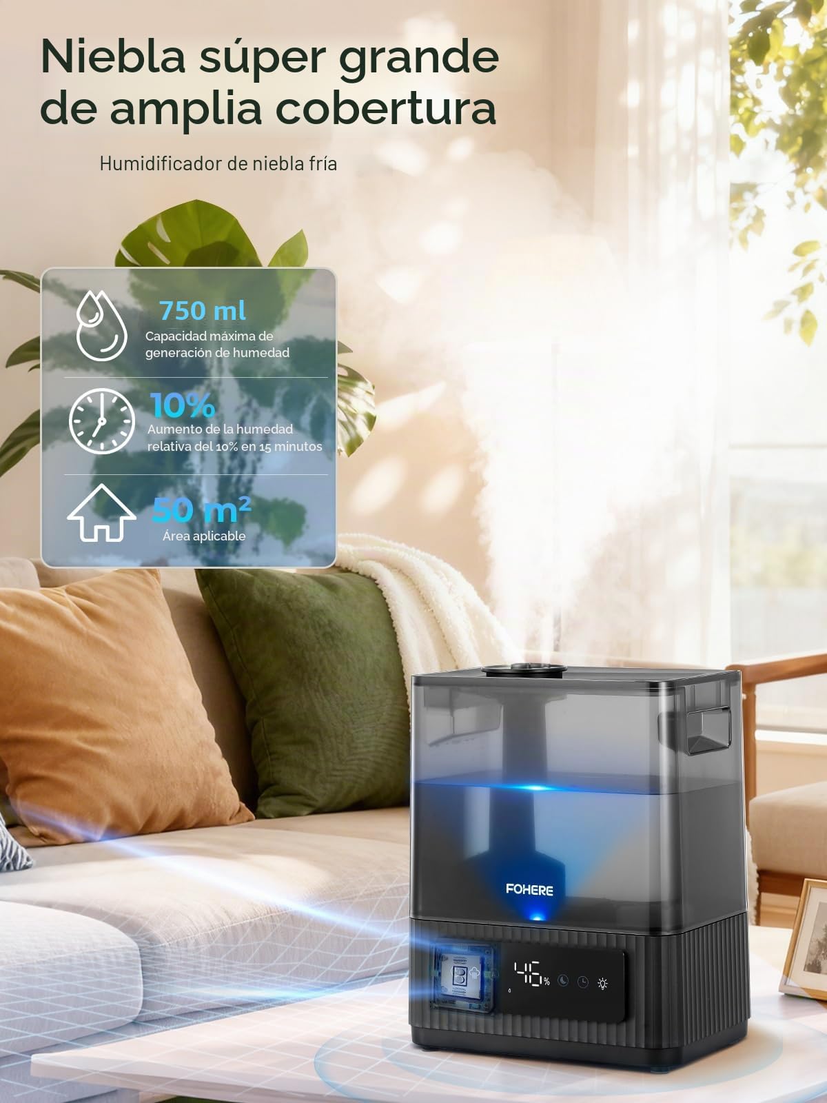 FOHERE 6L Humidificador de Aire Frío, Grande Ultrasónico Silencioso, Autonomía 60H, Sensor de Humedad Inteligente, Temporizador 12H, Difusor de Aromas, para Habitación Adultos, Bebés, Plantas y Salón