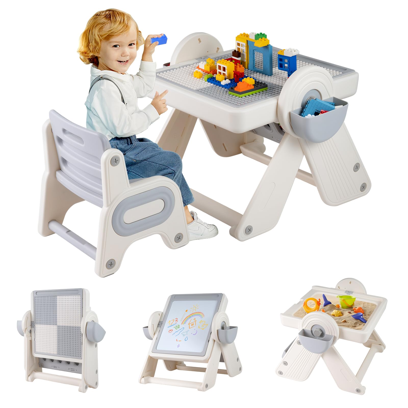 COSTWAY Kids Table and Chair Set, Folding Height Adjustable Toddler Art Table with Reversible Building Block Top, Pen Slot & Bookshelf, Children Activity Furniture for 18+ Months (Grey+Beige)