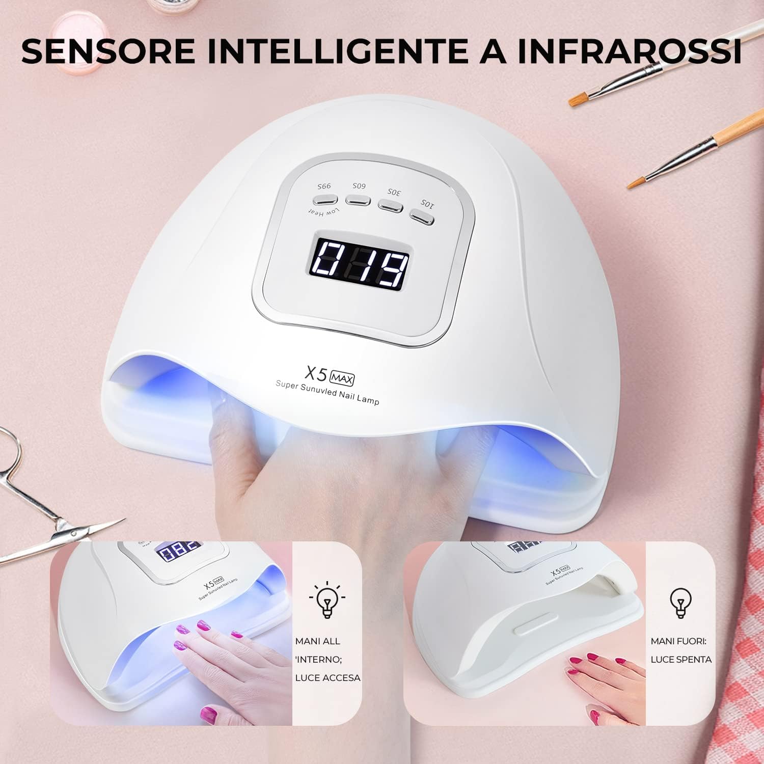 Lampade UV Per Unghie,150W Portatile Lampada per Unghie Asciuga Smalto Sensore e Asciugatura a Doppia Velocità Lampada Unghie LED UV,4 Modalità Timer,Display LCD Fornetto Unghie per Manicure (Bianco)