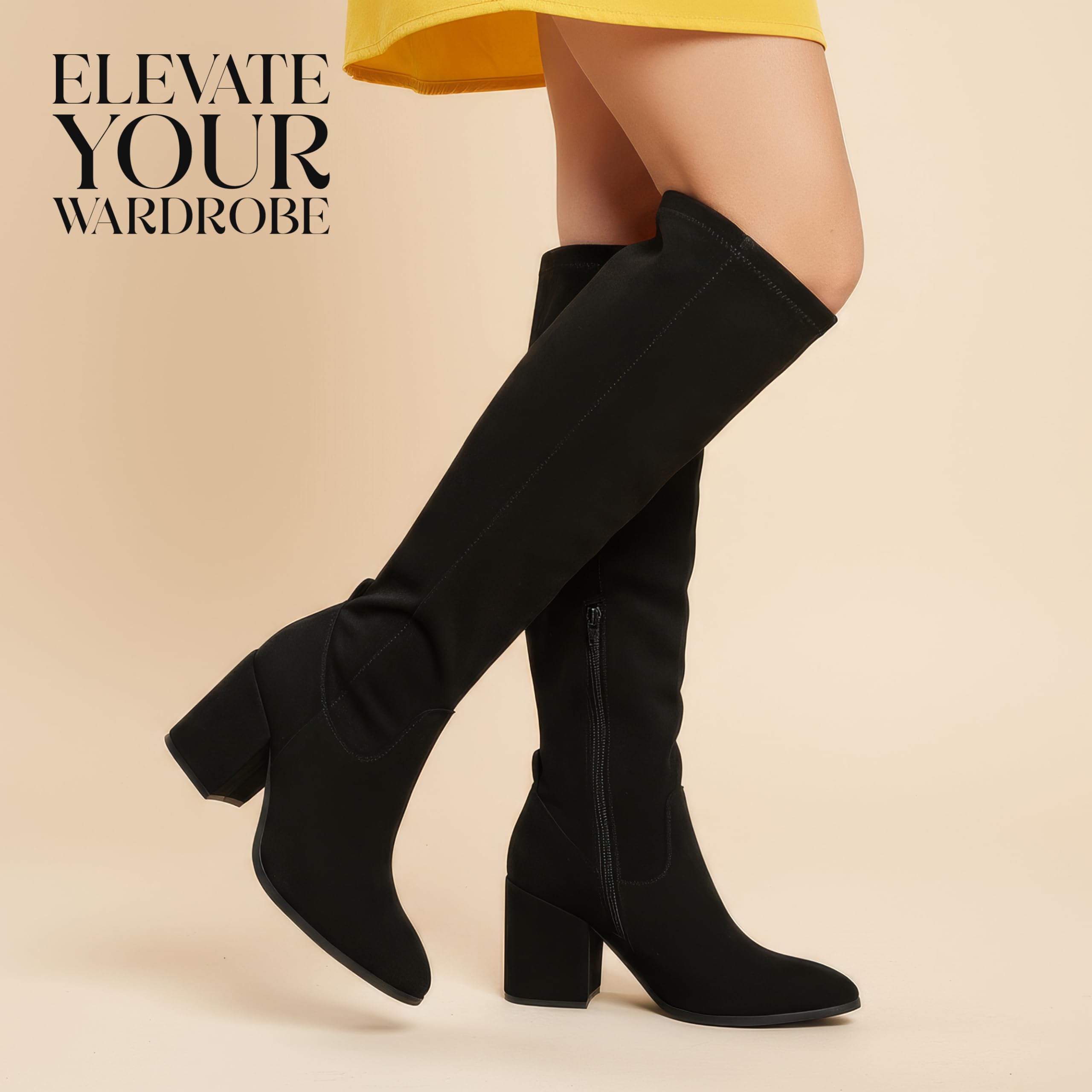 VIVASHOES Women’s Knee High Heeled Boots – Faux Suede Long Boots with Chunky Heel & Side and Pull On Tab – Stylish Tall Winter Booties for Autumn & Winter Outfits - Black 7