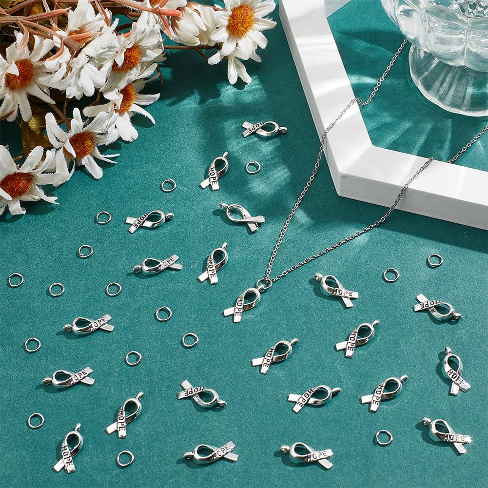 HOBBIESAY 150Pcs Antique Silver Hope Ribbon Pendant 19mm Tibetan Style Hope Ribbon Charms with 300Pcs Jump Rings Alloy Ribbon Dangle Pendants for Bracelet Necklace Earrings Making Hole: 2mm - Image 4
