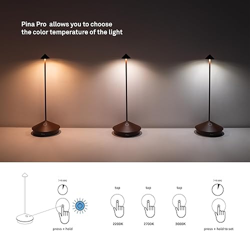 Miniatura 6 de Zafferano, Pina Pro - Lámpara de mesa inalámbrica recargable con controles táctiles, adecuada para interiores y exteriores, atenuador, 2200-3000 K,