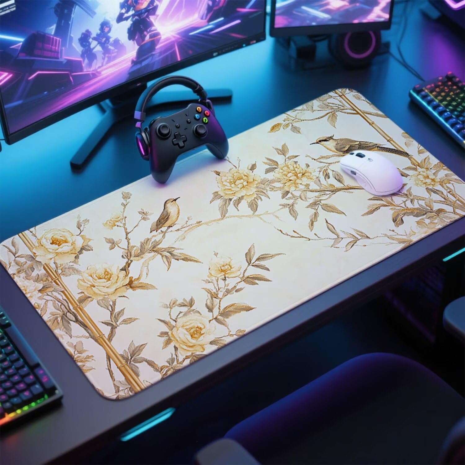 Kremowa podkładka pod mysz pod mysz pod mysz do gier XXL 1400 x 600 x 3 mm podkładka pod mysz gumowa ptak duża podkładka pod rękę dla graczy akcesoria wodoodporne PC, do klawiatury laptopa w-1788