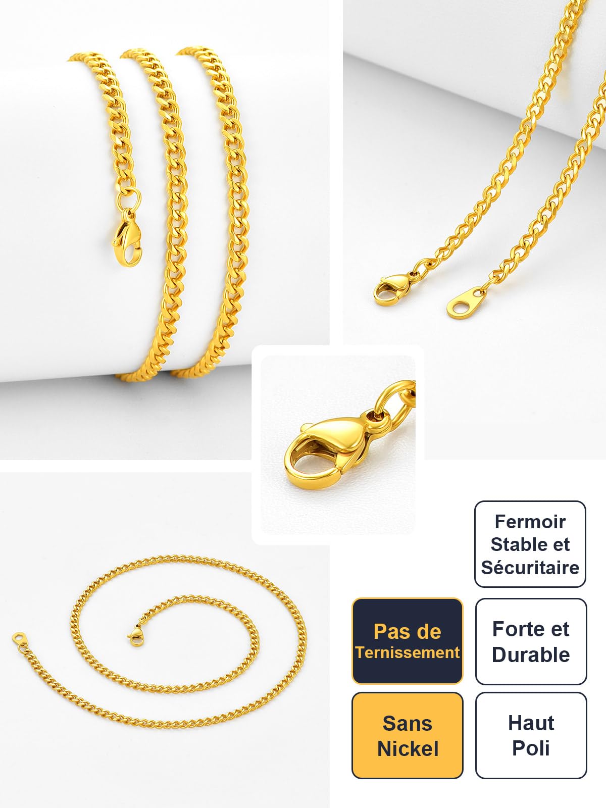 U7 Largeur 3/6/9MM Chaîne pour Homme Femme Acier Inoxydable，Taille 36-76cm, Bijoux Colliers Cadeaux pour Anniversaire Fêtes des Pères