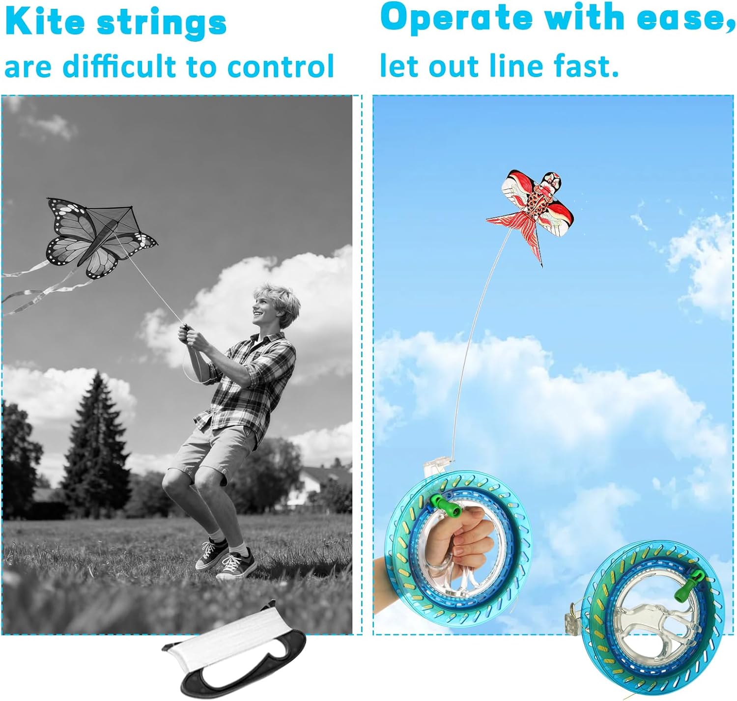 CYEAH 4 Pack Kite String with Reel, 7 Inch Dia Kite Reel Winder Grip Wheel with 656 Ft Flying Line String, Kite Flying Line with Smooth Spool & Tangle-Free Design for Outdoor Kite Flying Experience