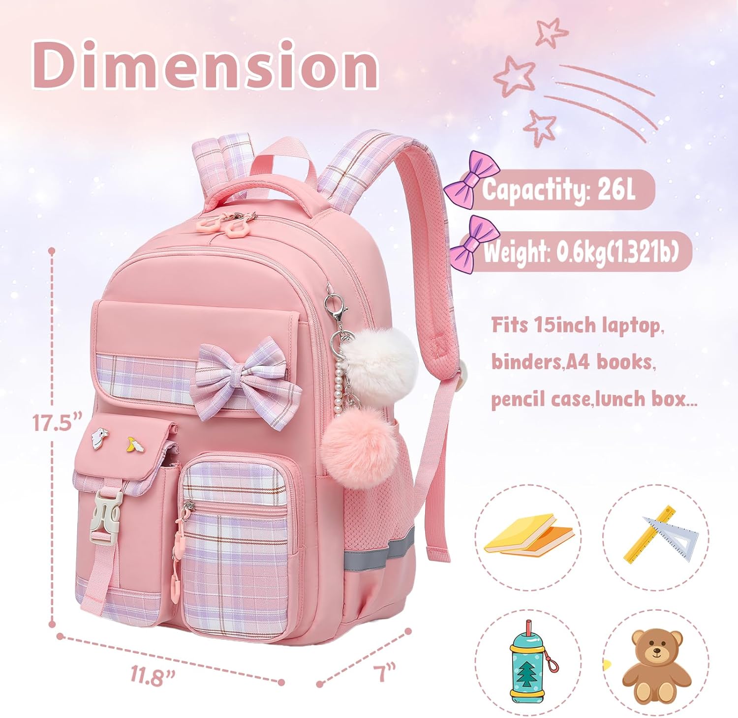 School Backpack for Girls Kids Bookbag for Elementary Middle School Casual Travel Daypack Teen Backpacks Pink - Image 5