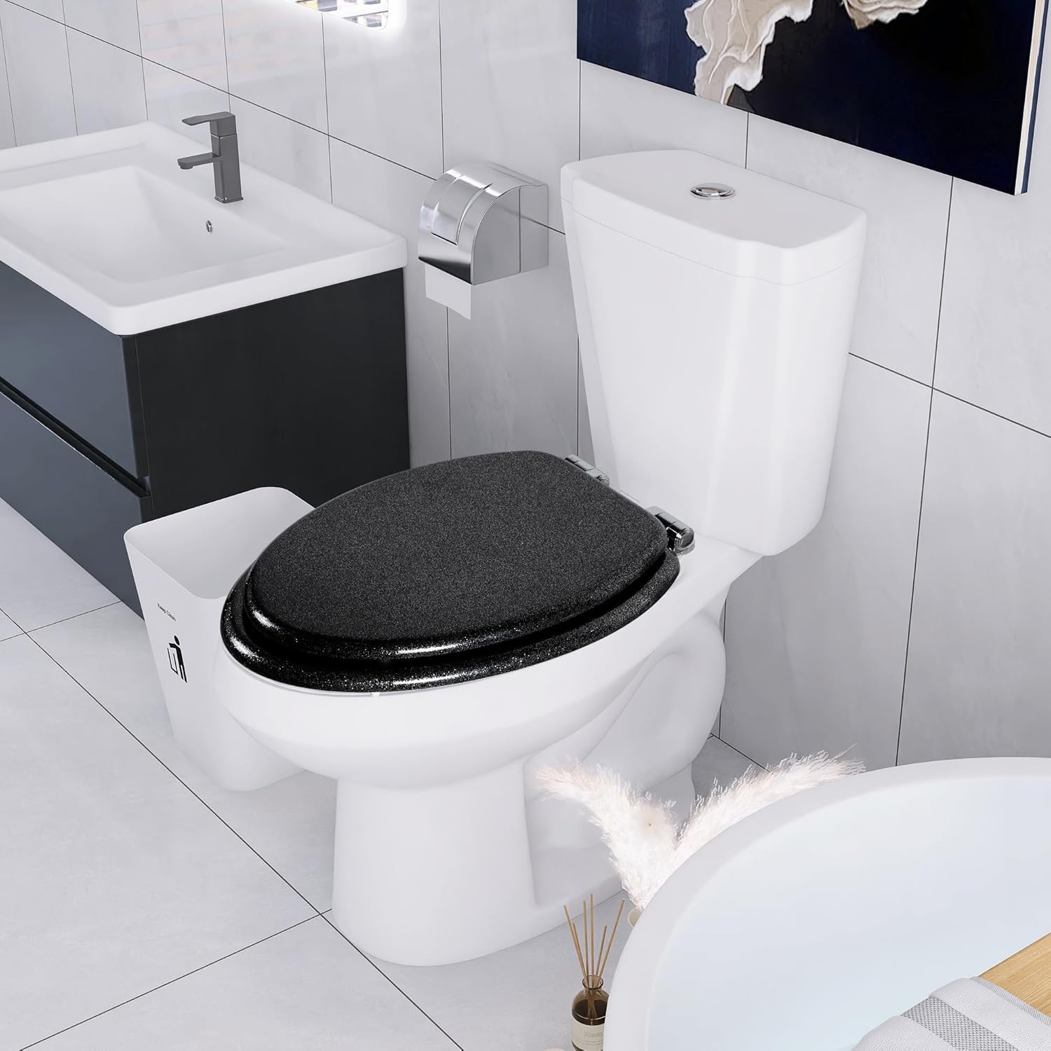 Angol Shiold Glitter Toilet Seat Molded Wood Elongated Toilet Seat with Quietly Close and Quick Release Hinges, Easy to Install also Easy to Clean (Elongated 18.5'', Black)