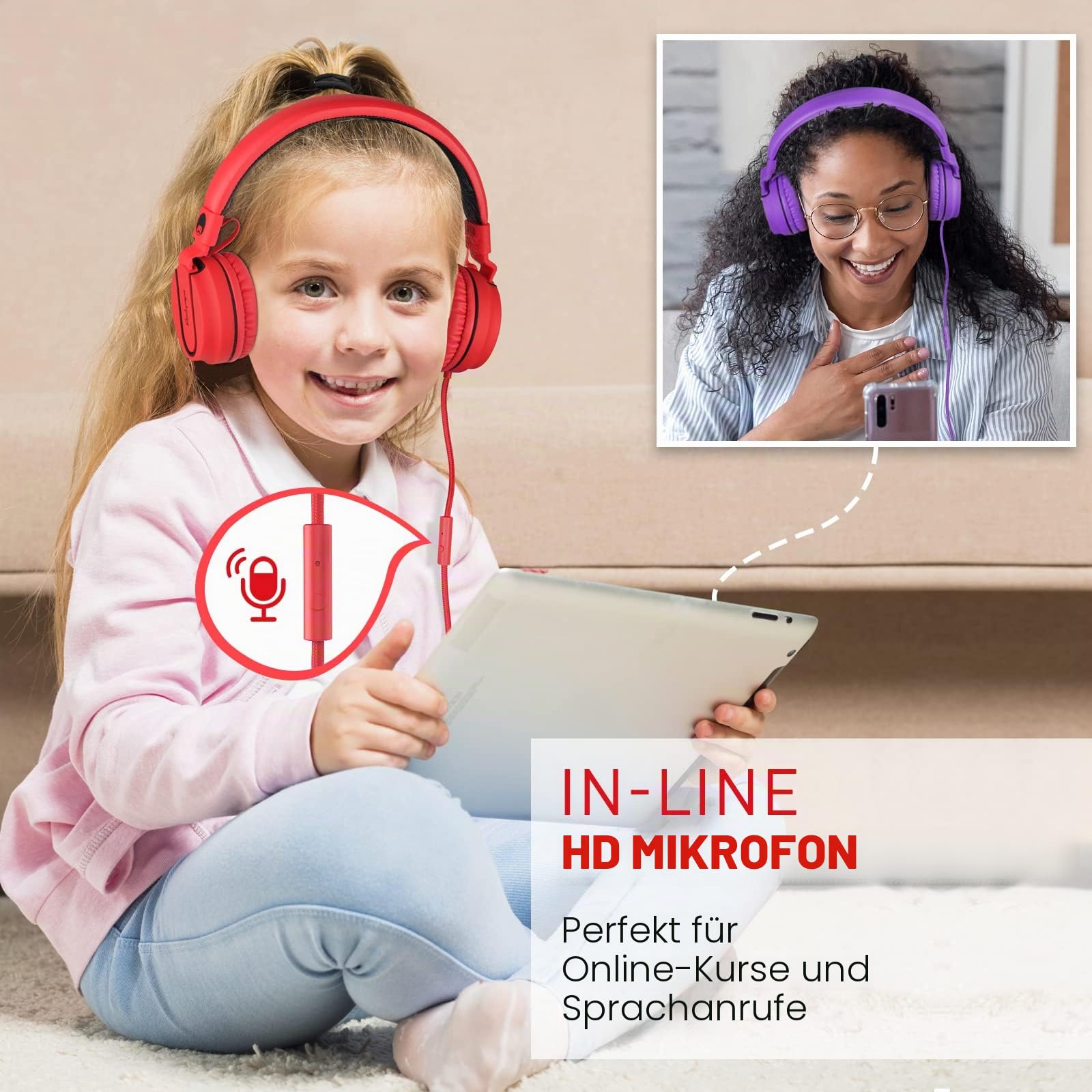 Rockpapa 952 Kinder Kopfhörer mit Kabel, Kopfhörer Kinder Mädchen, HD Mikrofon, Klinke 3.5 mm, Faltbare, On Ear Kopfhörer für Schule/Reise/Handy/Tablet/PC, Schwarz Rot