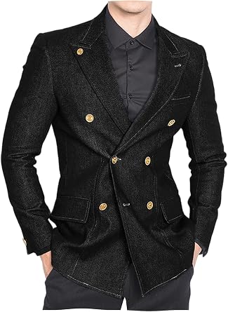 VENNYNG Mens Denim-Style Double Breasted Blazer Casual Textured Sport Coat Modern Western & Business Casual Jacket