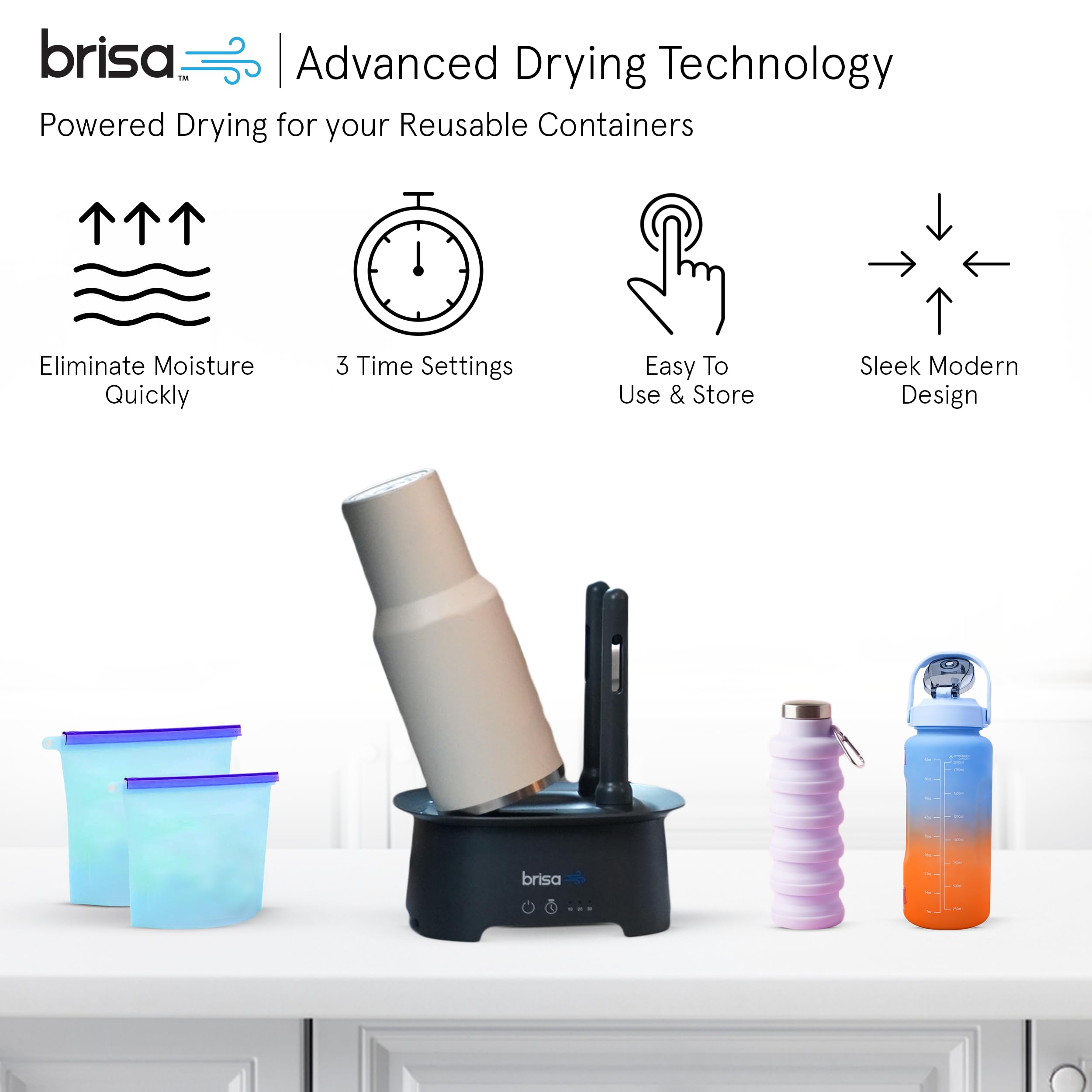 Bottle Drying Rack by Brisa - Powered Drying for Bottles, Reusables, and Containers - Baby Bottle Dryer with Hot Air Drying Technology - Home Essential Drying Rack Kitchen Tool - Gray