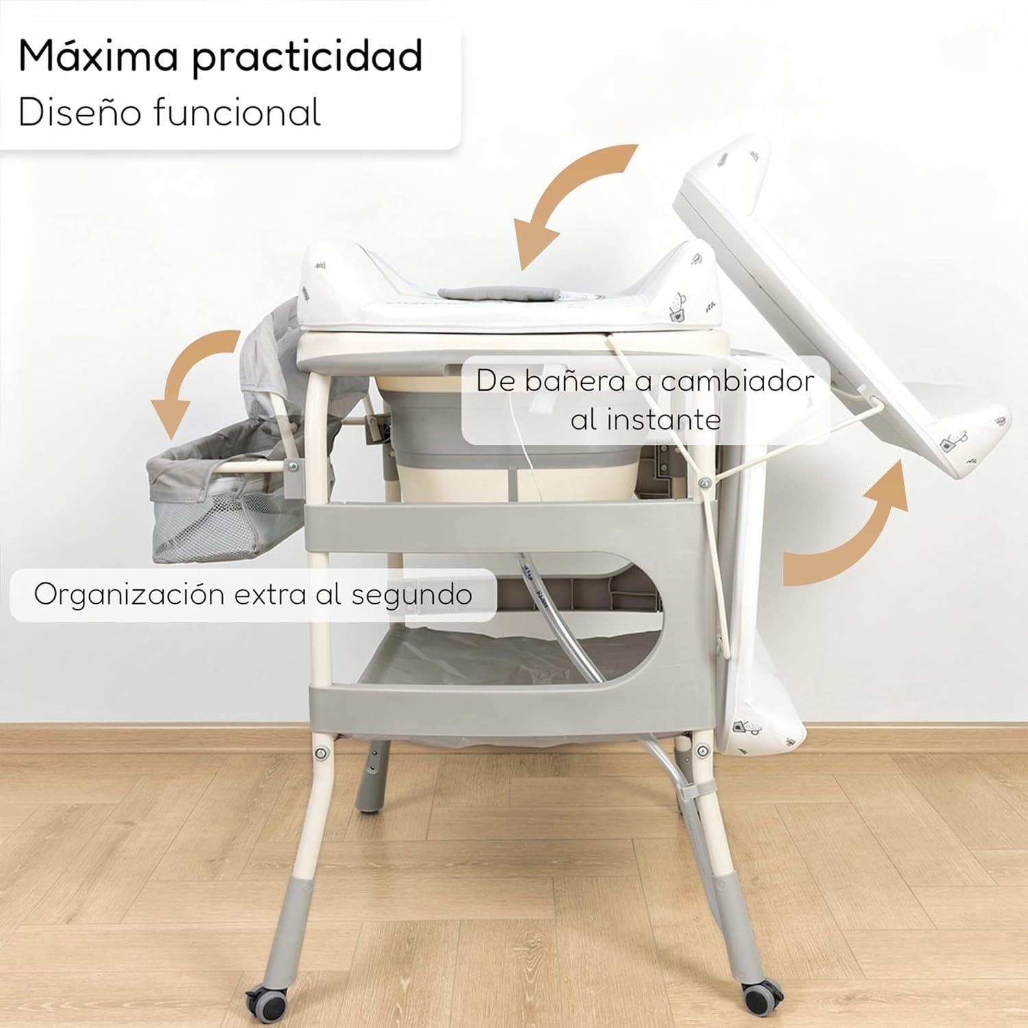 ALMAR Baby Wickelkommode mit Badewanne für Babys, zusammenklappbar, Badewanne mit hohem Thermometer, mit Rollen und Organizer