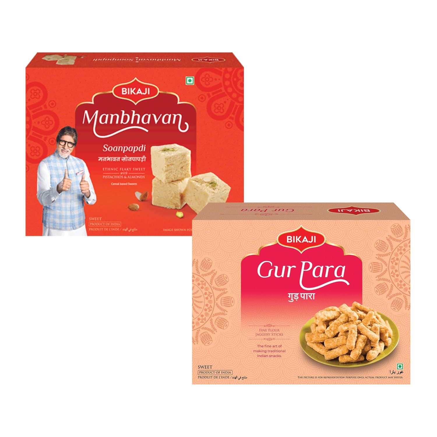 Bikaji Gur Para 400g & Soan Papdi Manbhawan 450g | Crunchy Bar Snack, Tea-Time Munchies & Party Mix | Authentic Munching Pack for Sharing & Everyday Snacking