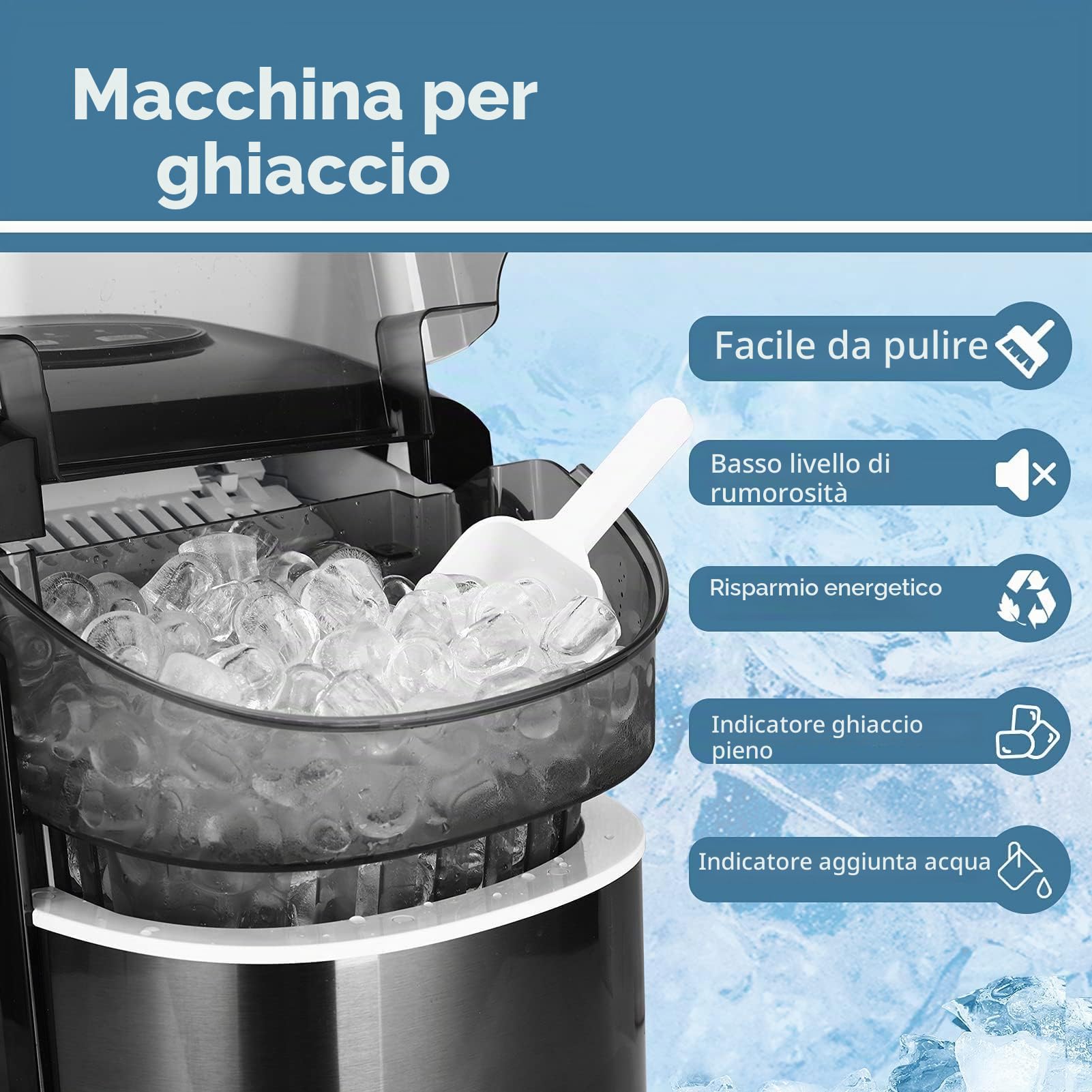 Macchina Ghiaccio 12KG/24h, Macchina del Ghiaccio Casa Professionale, Pulizia Automatica, 9 Cubetti in 6-9 Minuti, S/L Dimensioni Ghiaccio, Acciaio Iinossidabile, Nero