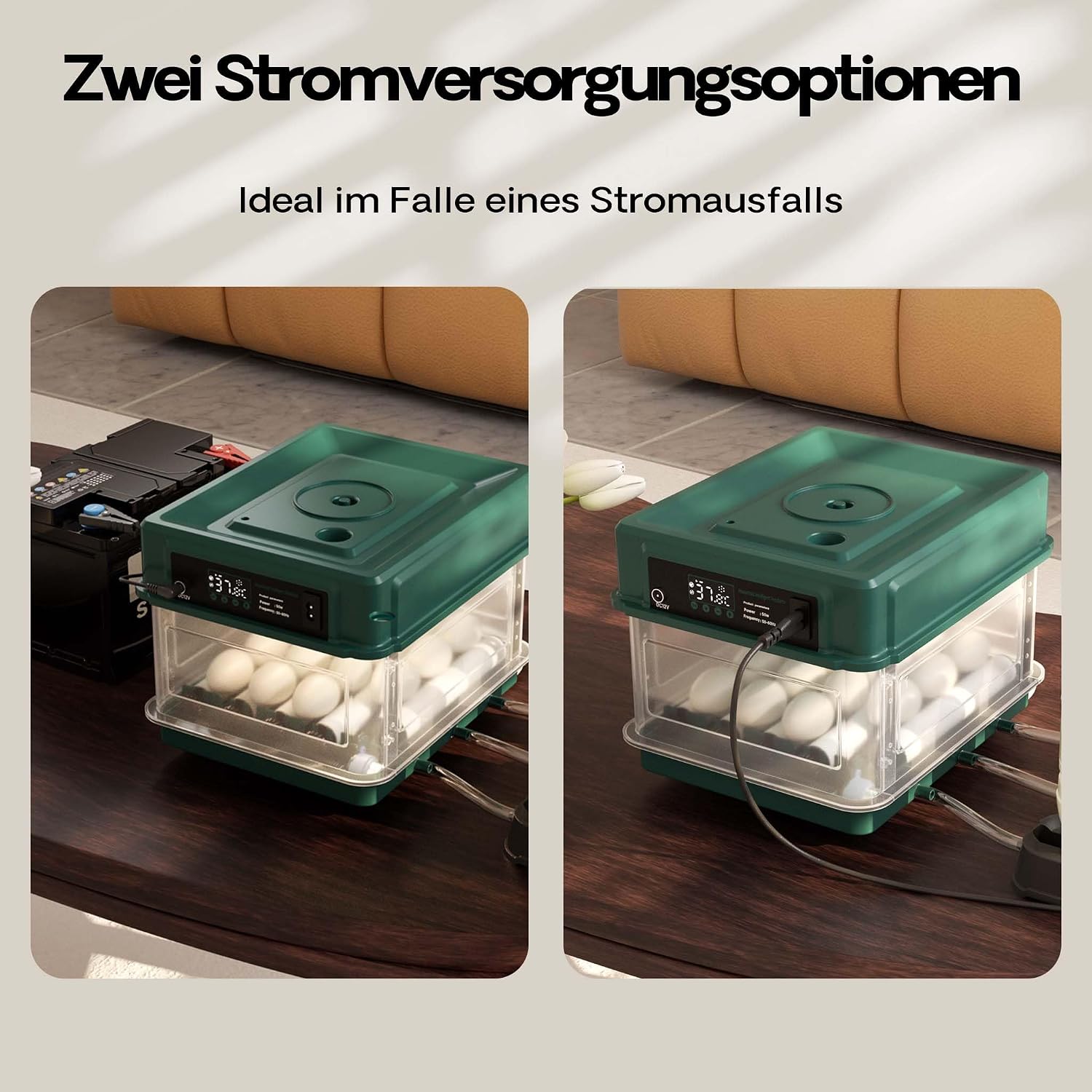 Comparison image showing the Fudajo incubator powered by a standard AC adapter and by a 12V car battery for backup power.