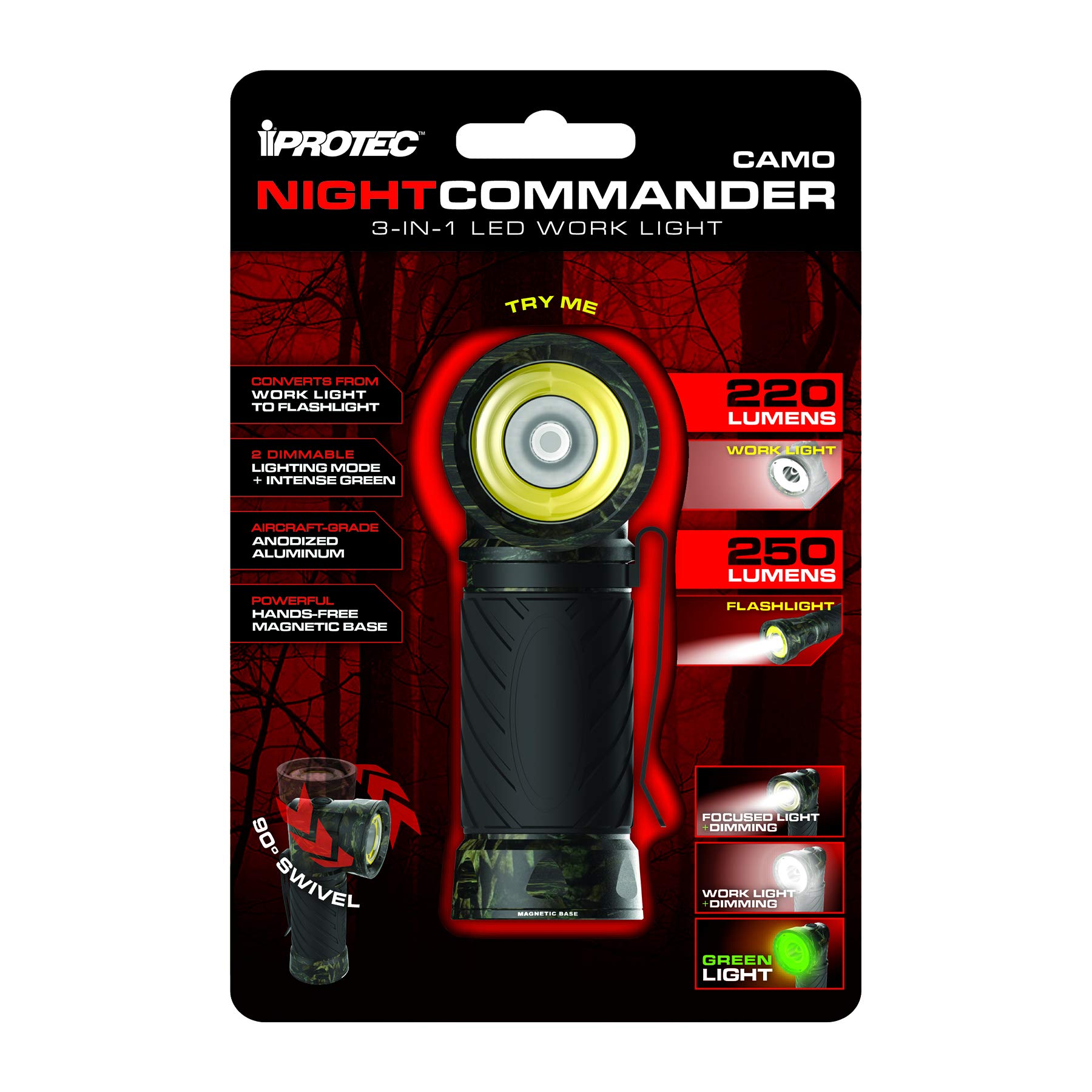 iProtec Night Commander Flashlight, Rugged 3-in-1 LED Work Light, Light Head Turns to Right Angle