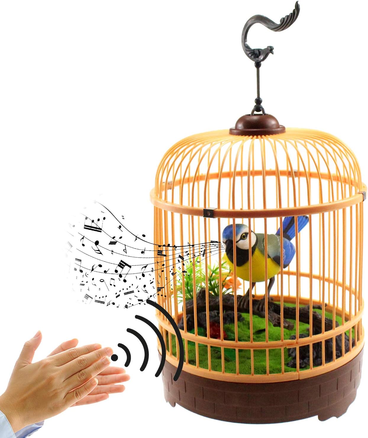 Tipmant Cute Electronic Pets Simulation Sparrow Bird in Cage Move Chirp Home Room Decor Ornament Kids Toys Gifts (Blue)