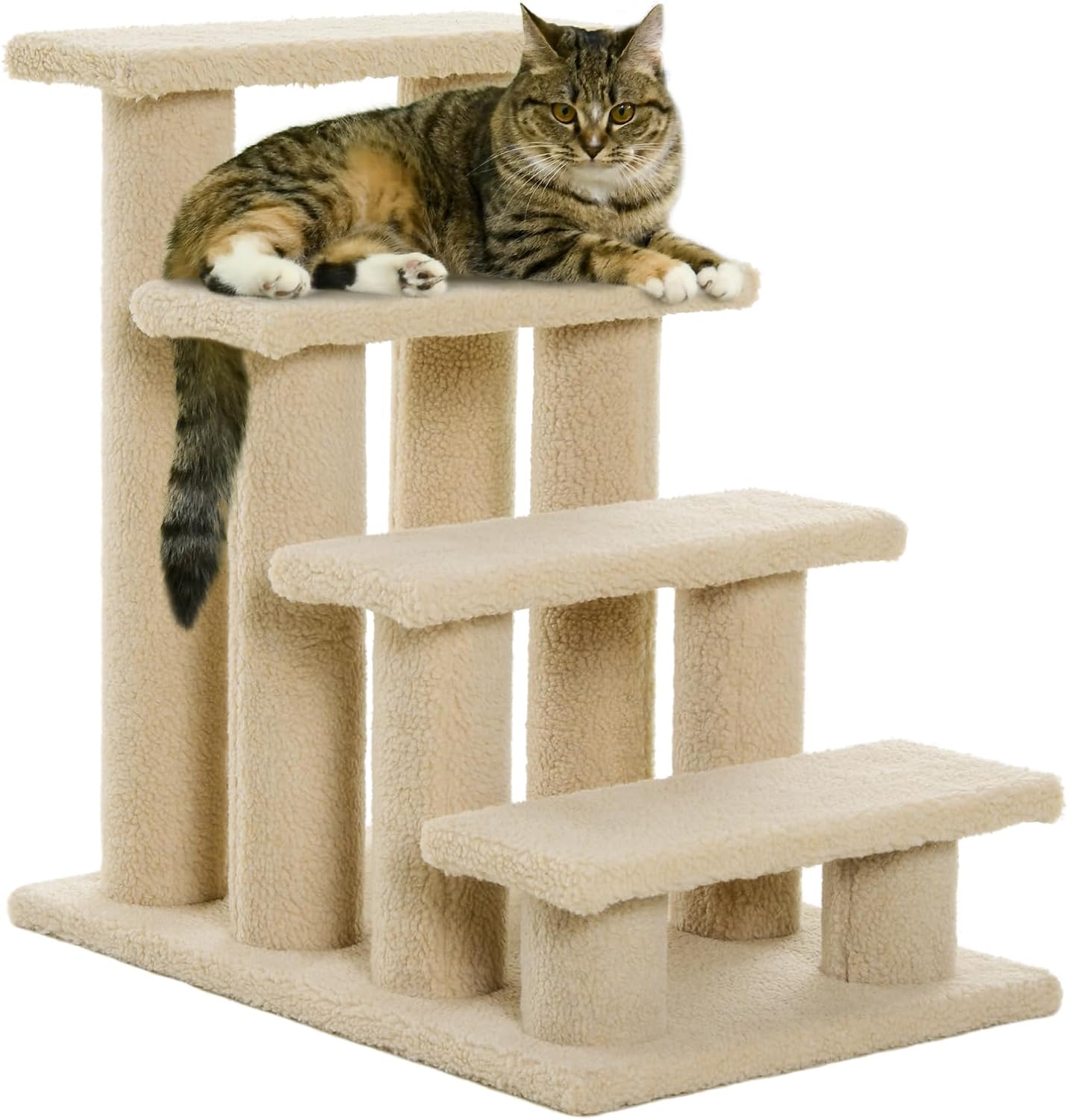 Cat Stairs Pet Steps with Sisal Scratching Posts, 25x17x24 Inches, All Breed Sizes, Climbing and Cuddling, Particle Board, Floor Mount, Brown