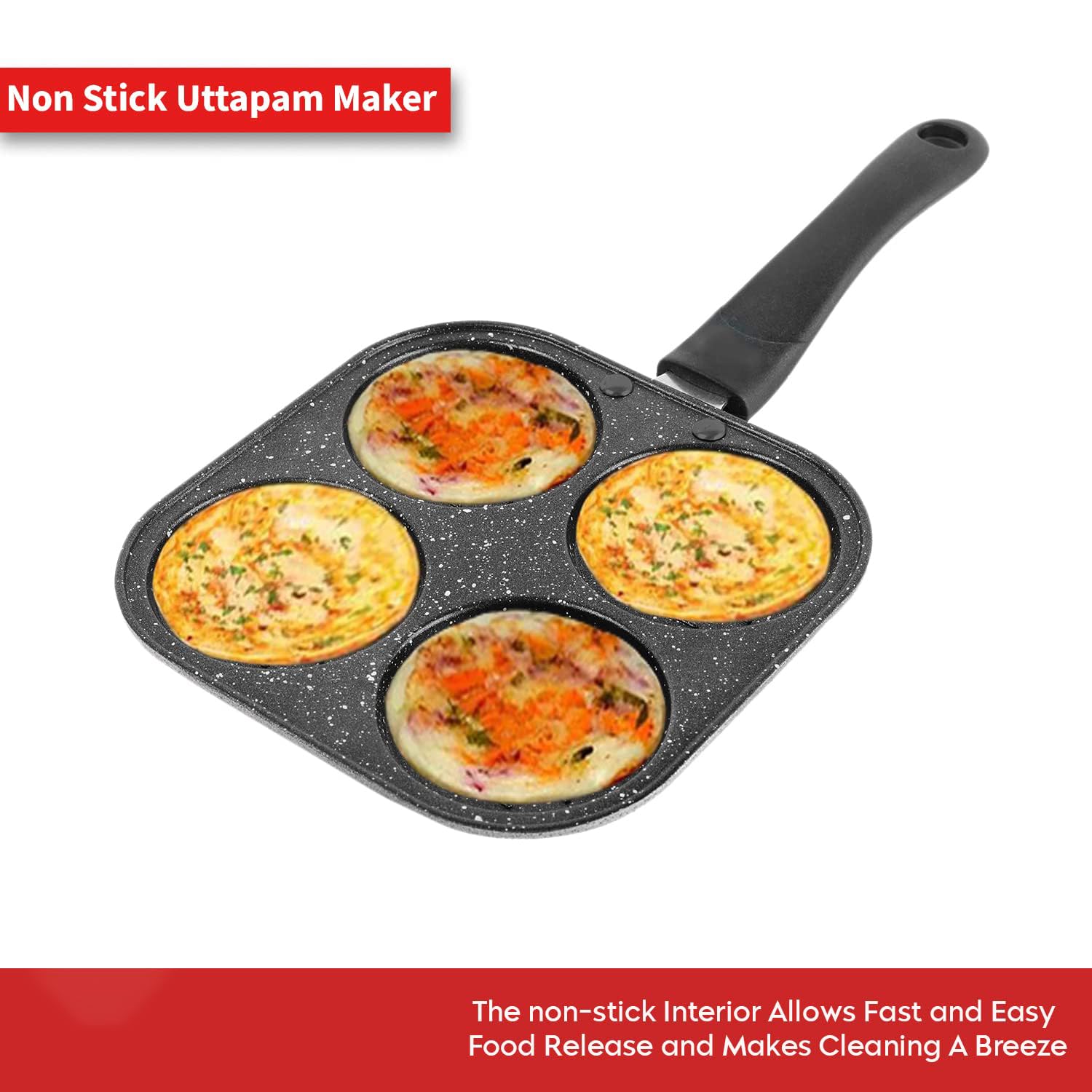 IDEAL PRIME Durable Aluminum Non Stick 4 Cavity Pancake Pan with Long Handle Rust Proof Mini Uttapam Pan Multi-Mini Snack Maker/Pan Cake Maker Grill Pan Cookware Pack of 1