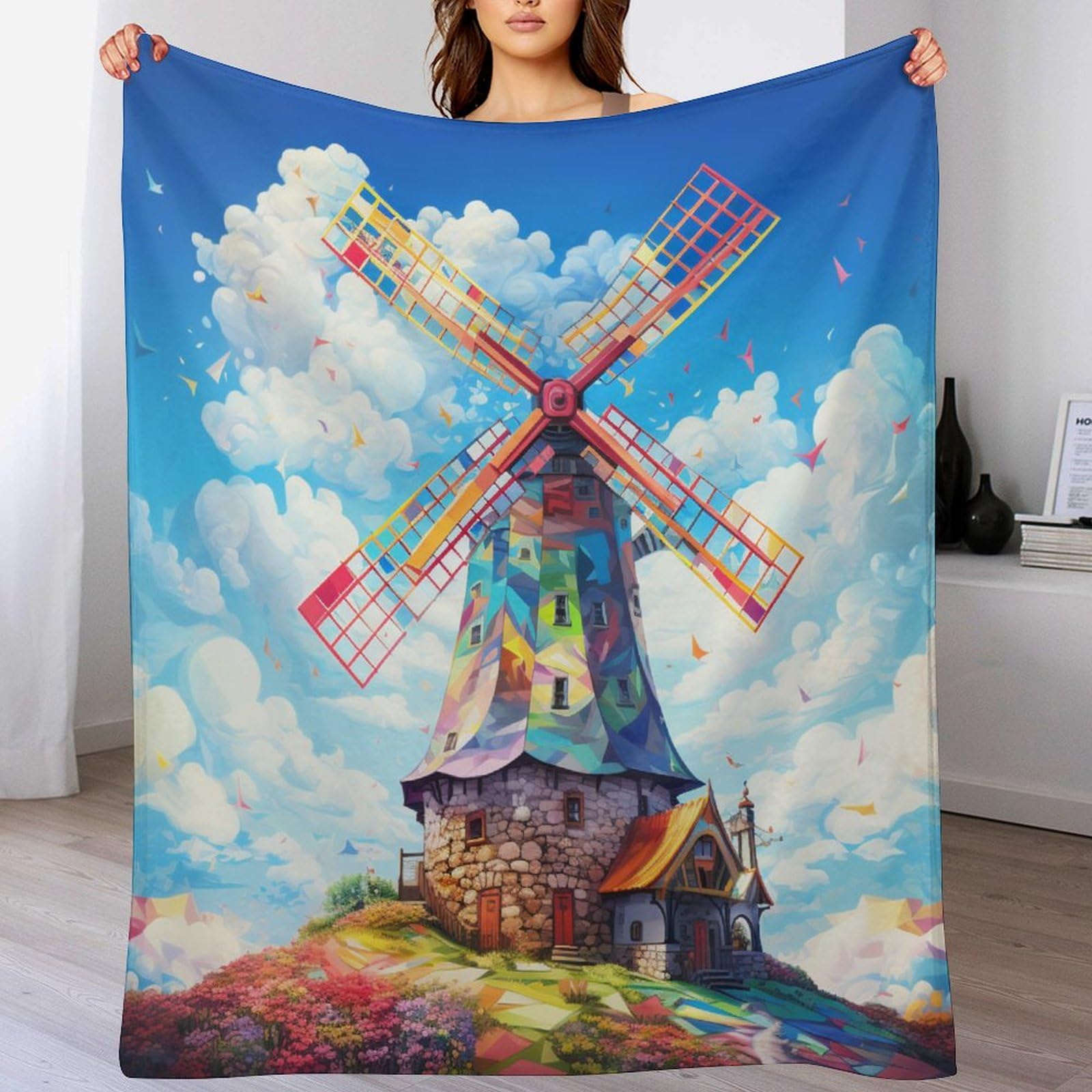 Couverture polaire en flannel 130x150 cm au motif moulin à vent