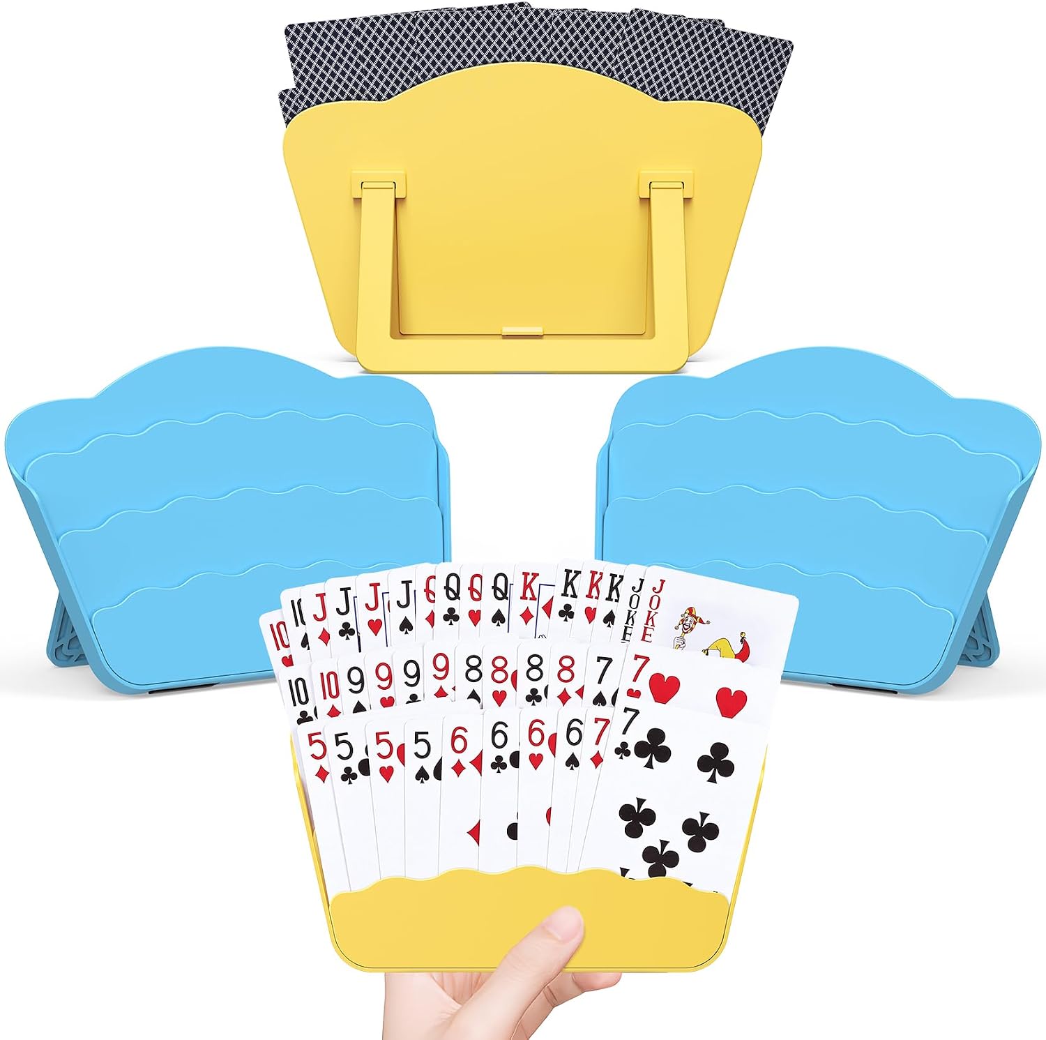 RESOVO Playing Cards Holders Stands Decks w/ Foldable Tabletop Stand, 3 Layers Design for Poker UNO Cards, Playing Card Accessories, Set of 4 (2 Blue + 2 Yellow)