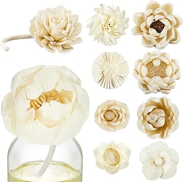 Waydress 15 Pcs Diffuser Mixed Sola Flowers Natural Material Aromatherapy Reed Wood Flowers Decorative Aromatherapy Flower Placement Refill Wood Flower Diffuser with Rope 1.57-3.35 Inches,Cute
