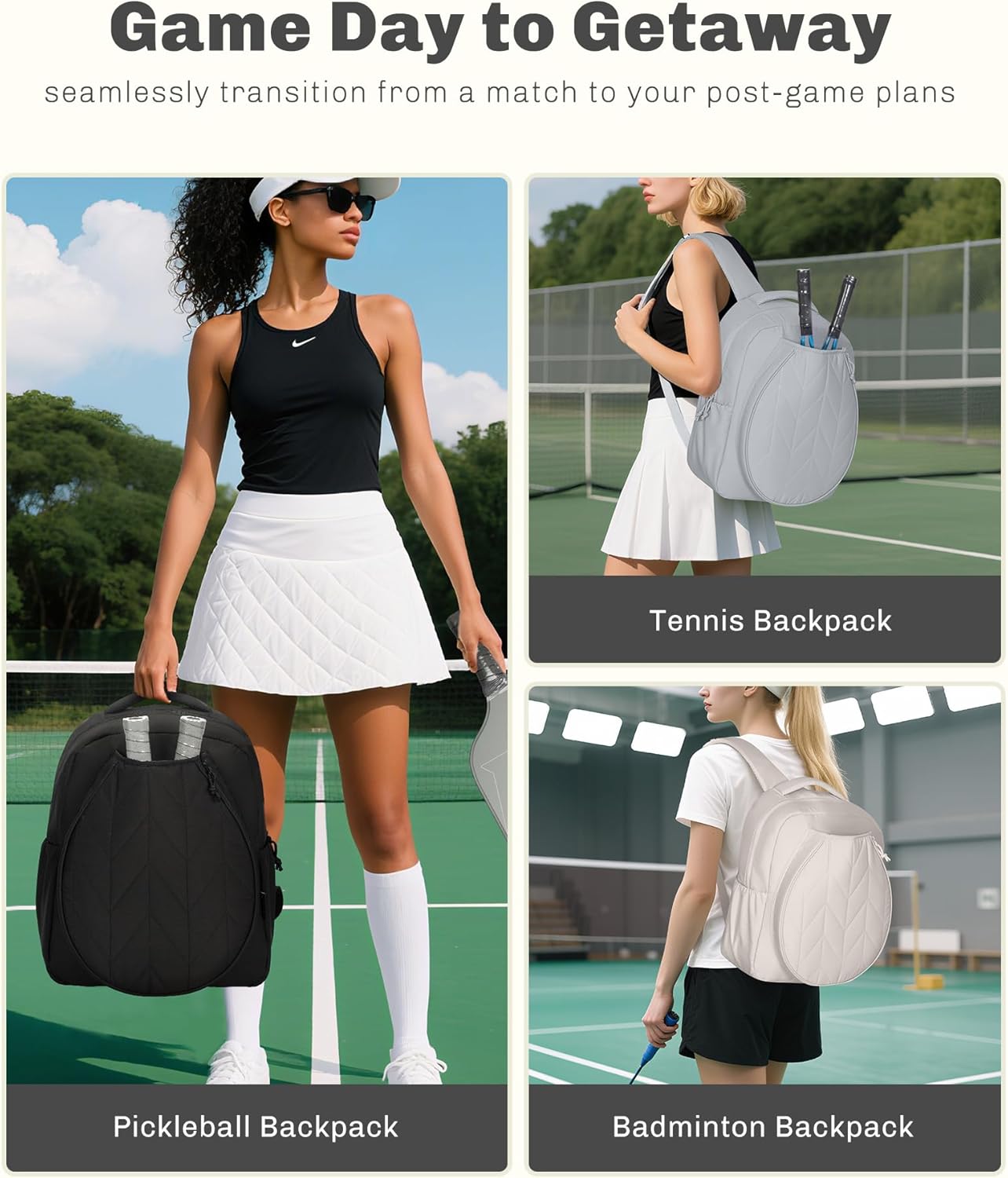 Hynes Eagle Pickleball Backpack Quilted Fits 2 Rackets with Wet Pocket Tennis Gym Backpack for Women Sport Daypack 22L Beige - Image 2