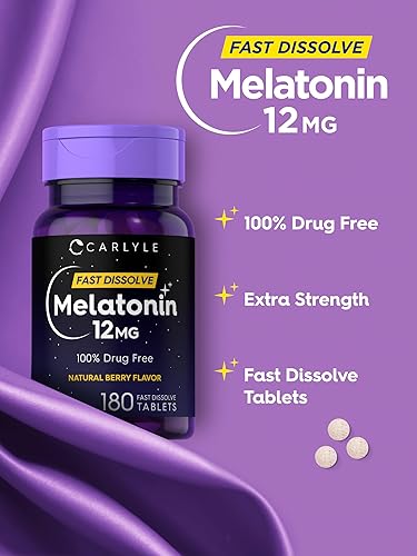 Miniatura 4 de Carlyle Melatonina 12 mg de disolución rápida, 180 tabletas Sin drogas Sabor natural de bayas Vegetariano, sin OMG, sin gluten