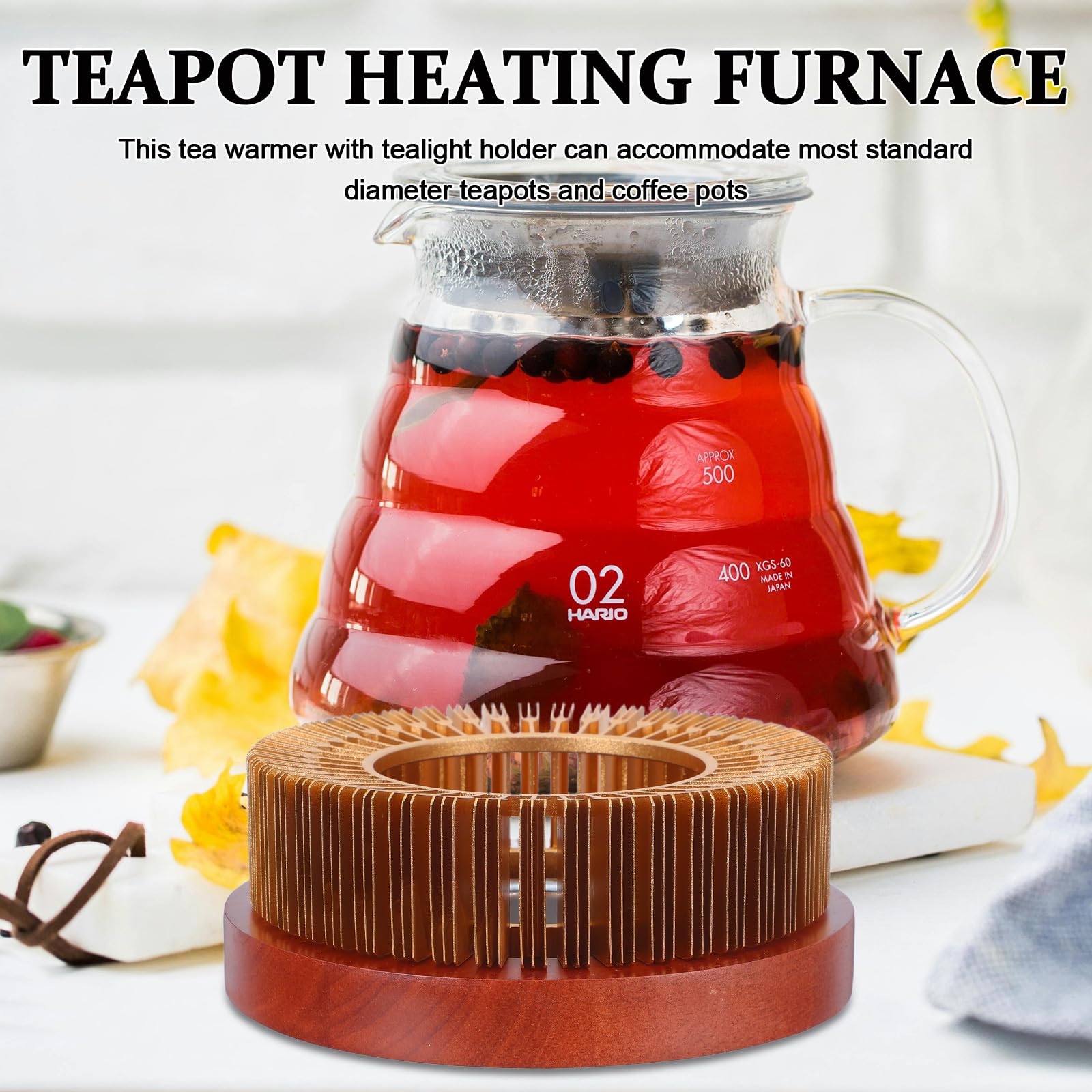 Calentador de té de Aluminio con Base de Madera, Calentador de Velas para Calentar té, café, Leche, Alimentos, Universal para teteras para el hogar, la Cocina, el Camping y los Viajes.