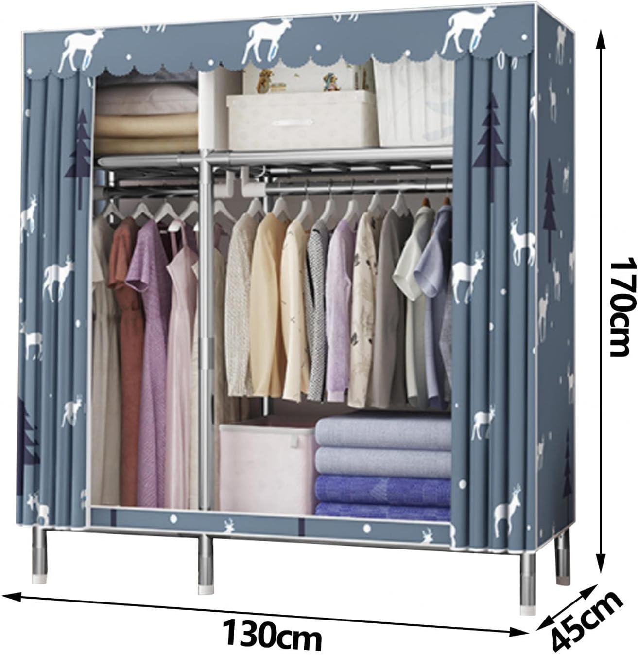 Wardrobe, Portable Canvas Wardrobe Shelves, Fabric Clothes Closet Storage Organizer with Hanging Rail, Shelves for Bedroom,B-130X45X170cm