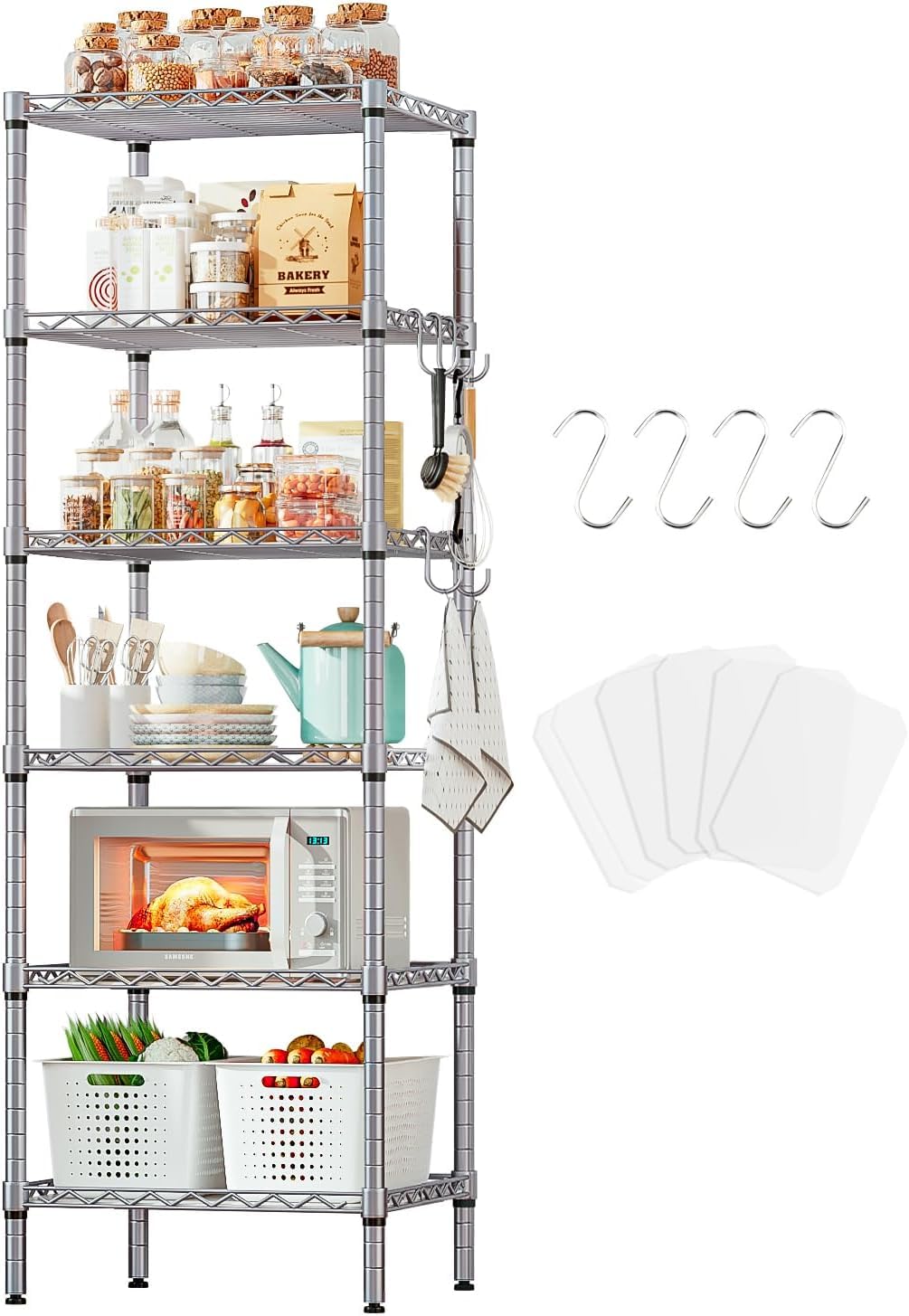 6 Tier Shelving Unit Adjustable Storage Shelf Metal Storage Rack Wire Storage Shelves 16.54" L x 11.82" W x 63" H for Pantry Closet Kitchen Laundry (Silver, 6 Tier)