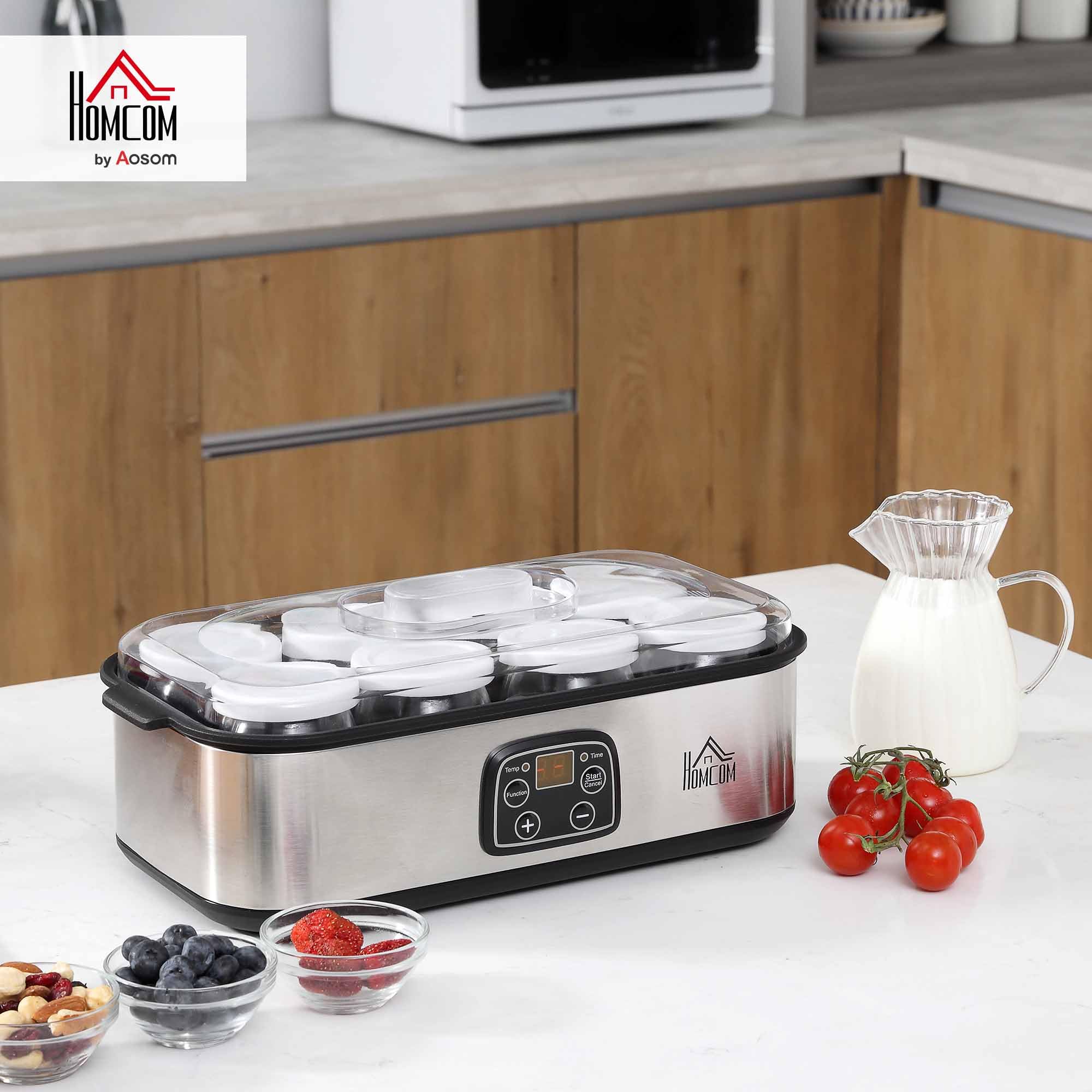 HOMCOM Yogurtiera Elettrica 25W con 8 Vasetti Inclusi, Timer 1-48 Ore e Temperatura Regolabile 20-50°C, 36x18.8x14cm, Argento