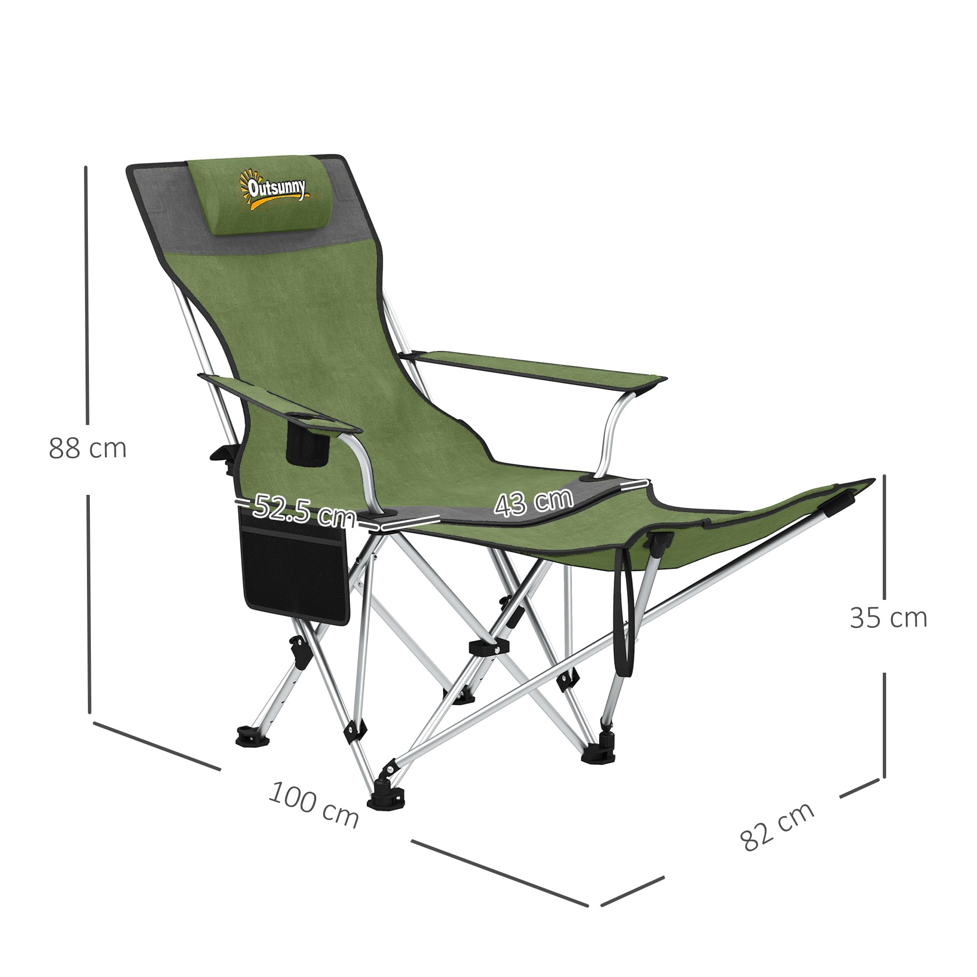 Outsunny Set 2 Sedie da Campeggio Pieghevoli con Poggiapiedi Staccabile, Portabicchieri e Tasca Laterale, Sedie da Giardino in Tessuto Oxford e Metallo, Portata Fino a 120 kg, 125x48x90 cm, Verde