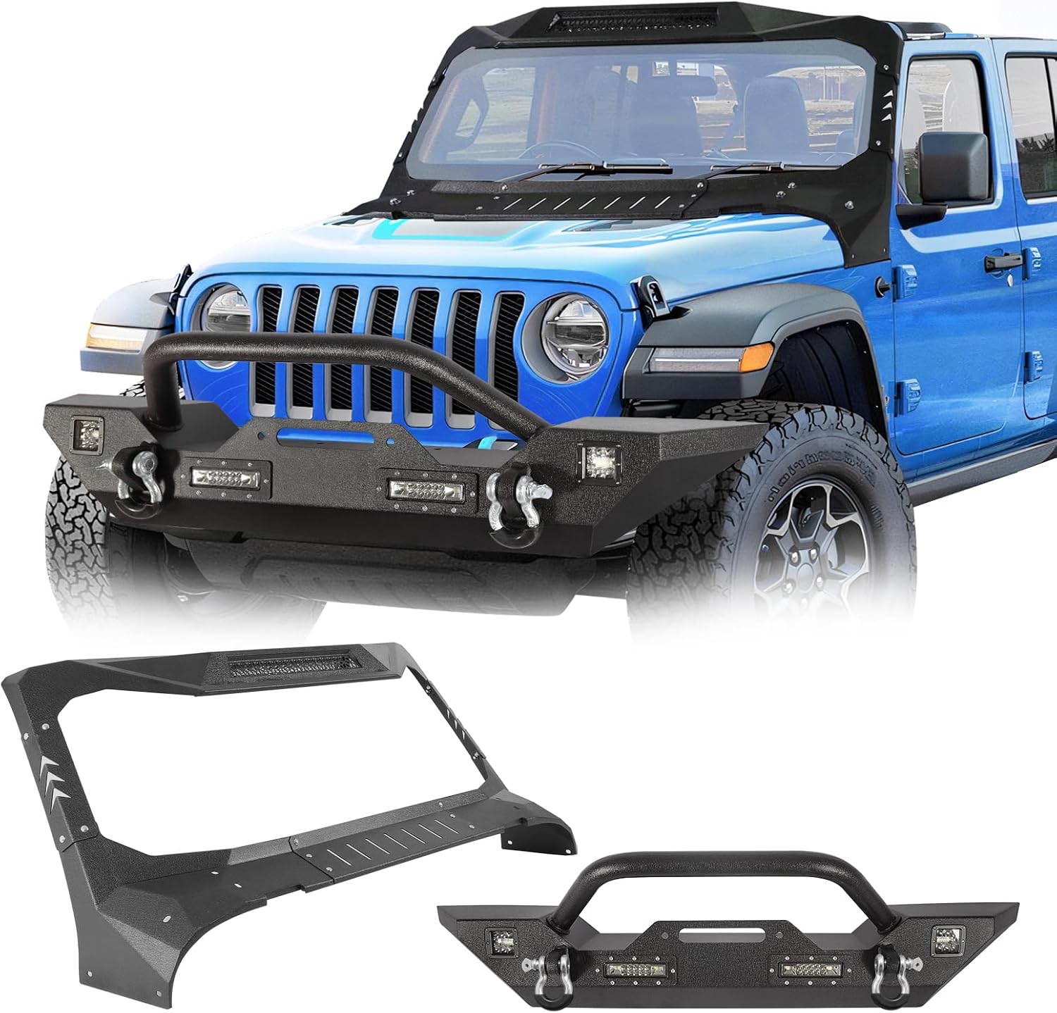 Front Bumper & Madmax Visor Cowl Body Armor Windshield Frame Cover combo Compatible with 2018-2024 Jeep Wrangler JL & Gladiator JT, Sun Visor Cowl Body Armor with 100W LED Lights, Black Textured