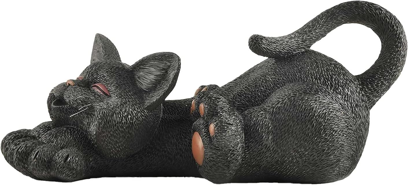 JFSM INC. 12" Whimsical Lounging Black Cat Garden Statue - Indoor Outdoor Relaxed Zen Cat Sculpture - Cat Lover Gifts, Decorations for Patio Yard Lawn Porch