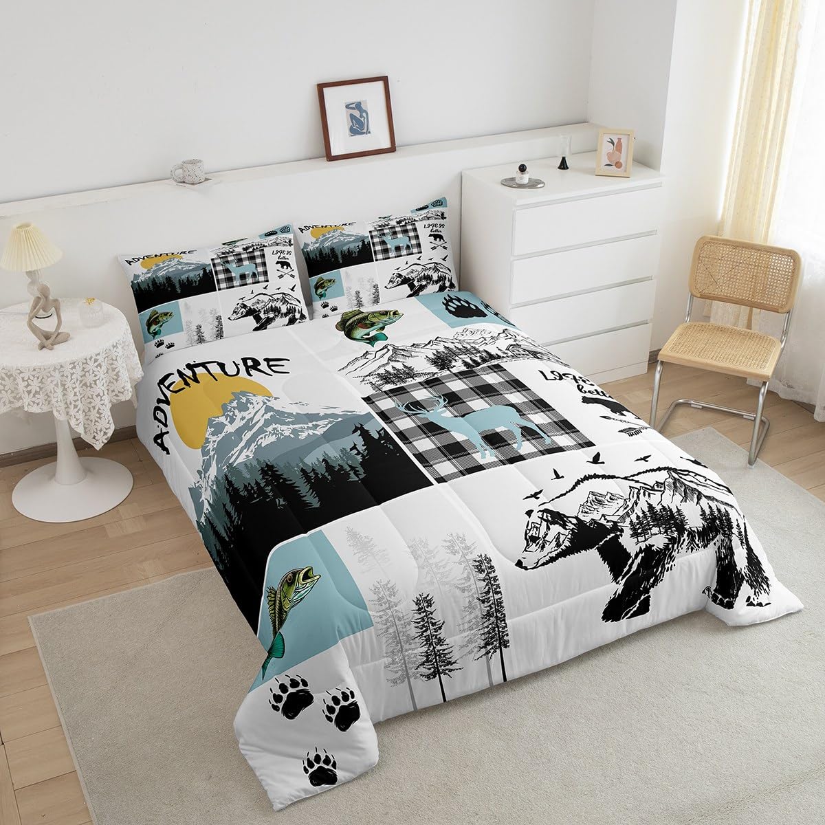 Set di biancheria da letto per letto queen size, motivo: capanna con orso, caccia, pesca, spigola, pesce, rustico, con motivo a quadri, per adolescenti, ragazzi, adulti, uomini, animali selvatici, 2