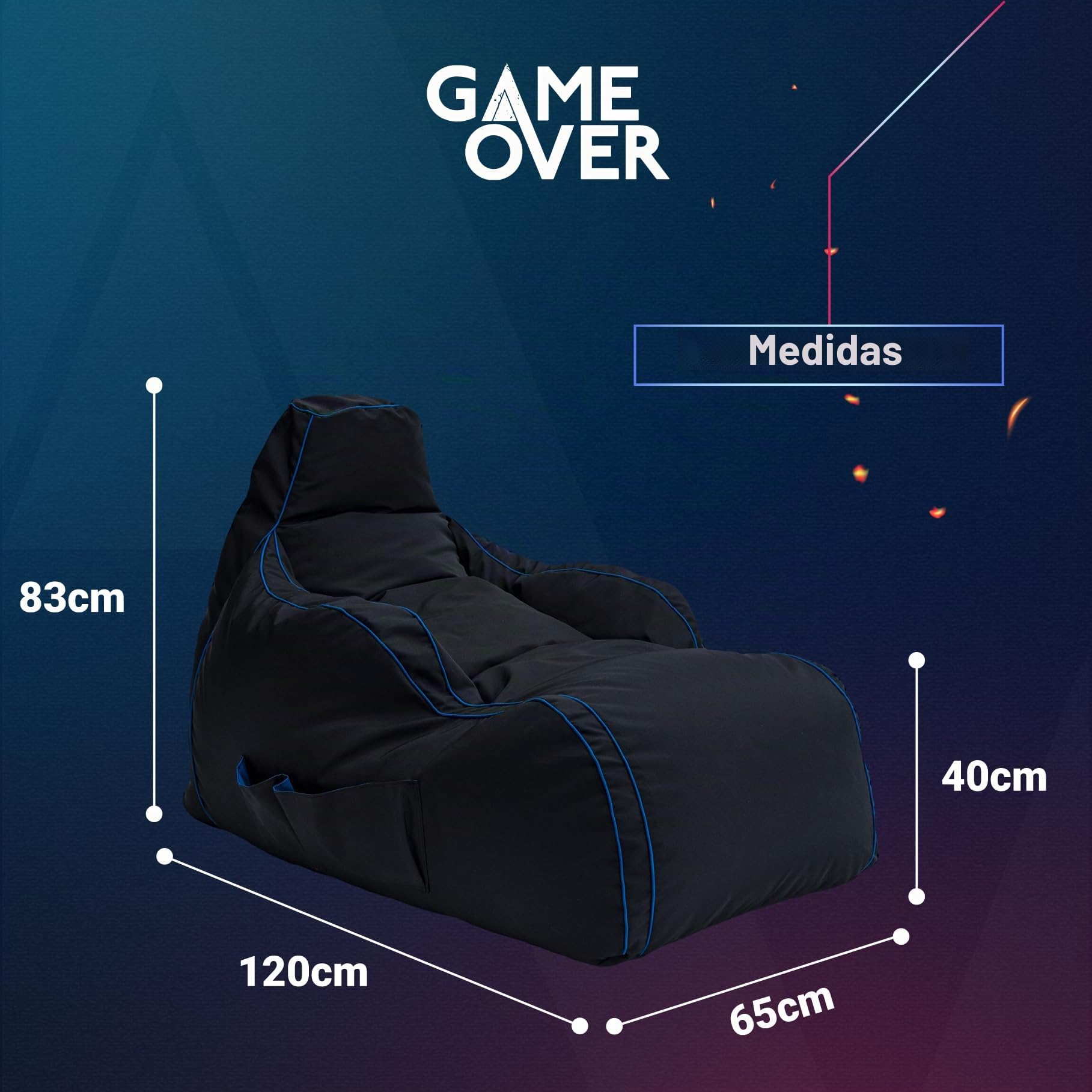 Game Over Silla para Reposar Puff Pera para Video Juegos | Sala Interior | Bolsillos Laterales para Controles | Soporte para Auriculares | Diseño Ergonómico (Relámpago Cerúleo)